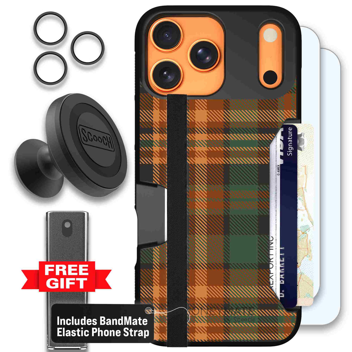 Fall Flannel orange and brown plaid pattern on a Scooch Moneymate case for iPhone 17 Pro Max - Defender Bundle