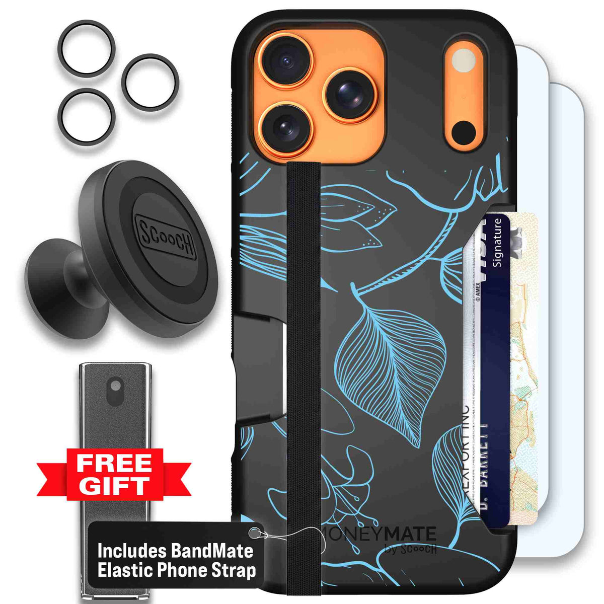 Blue Hibiscus cyan-blue tropical flower pattern on a charcoal Scooch Moneymate case for iPhone 17 Pro Max - Defender Bundle
