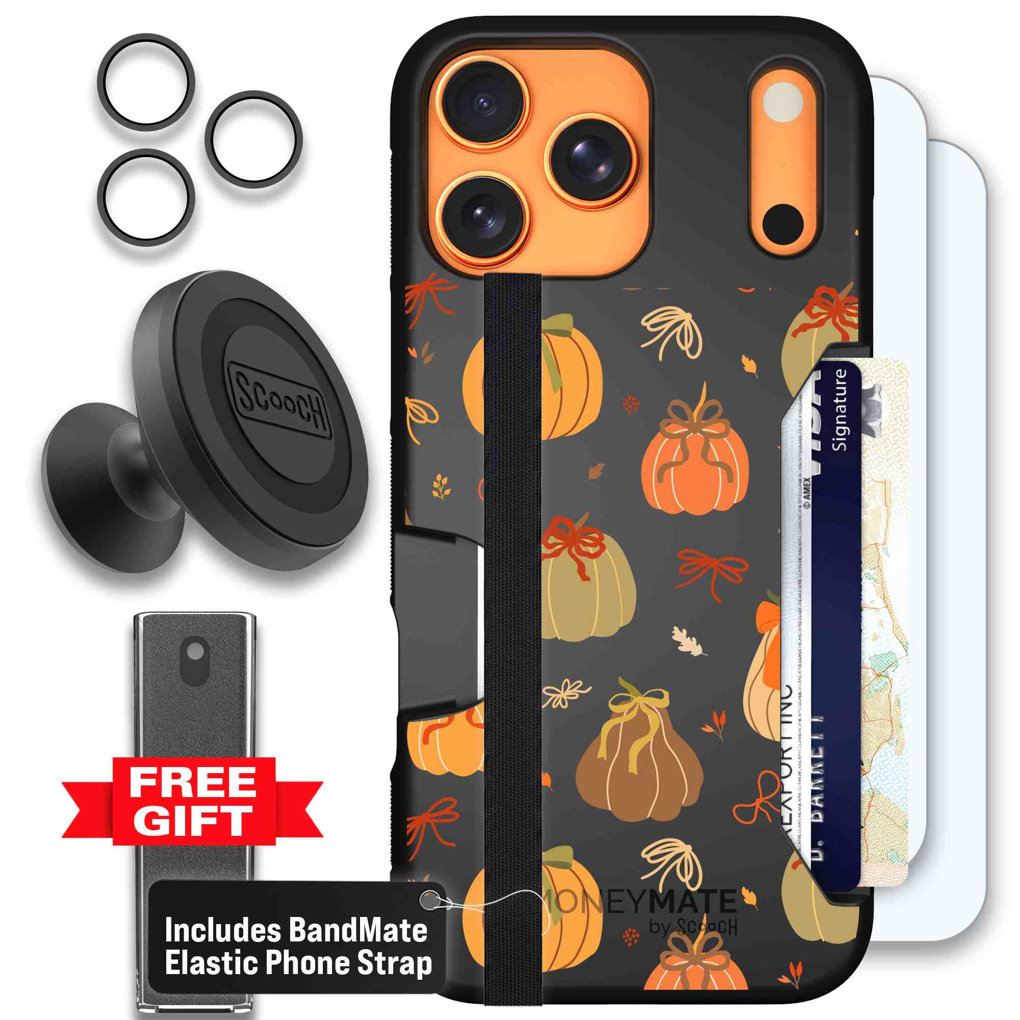 Pretty Pumpkins orange pumpkin and bow pattern on a Scooch Moneymate case for iPhone 17 Pro Max - Defender Bundle