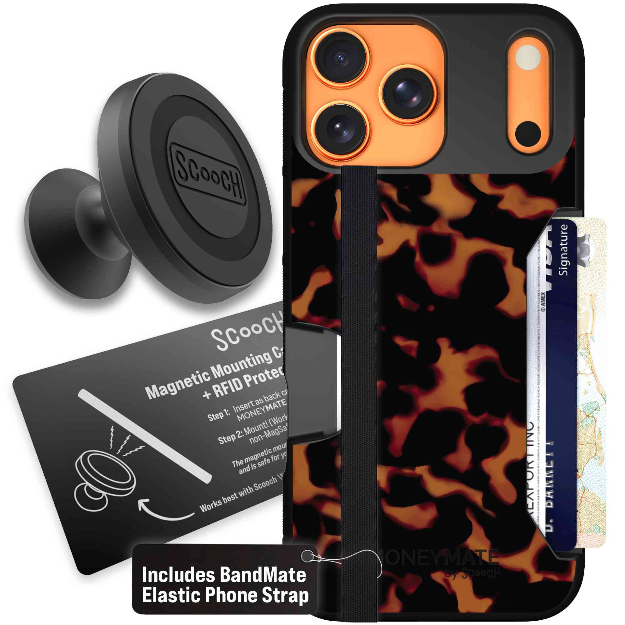 Tortoise Shell amber brown and black mottled pattern on a Scooch Moneymate case for iPhone 17 Pro Max - Starter Bundle