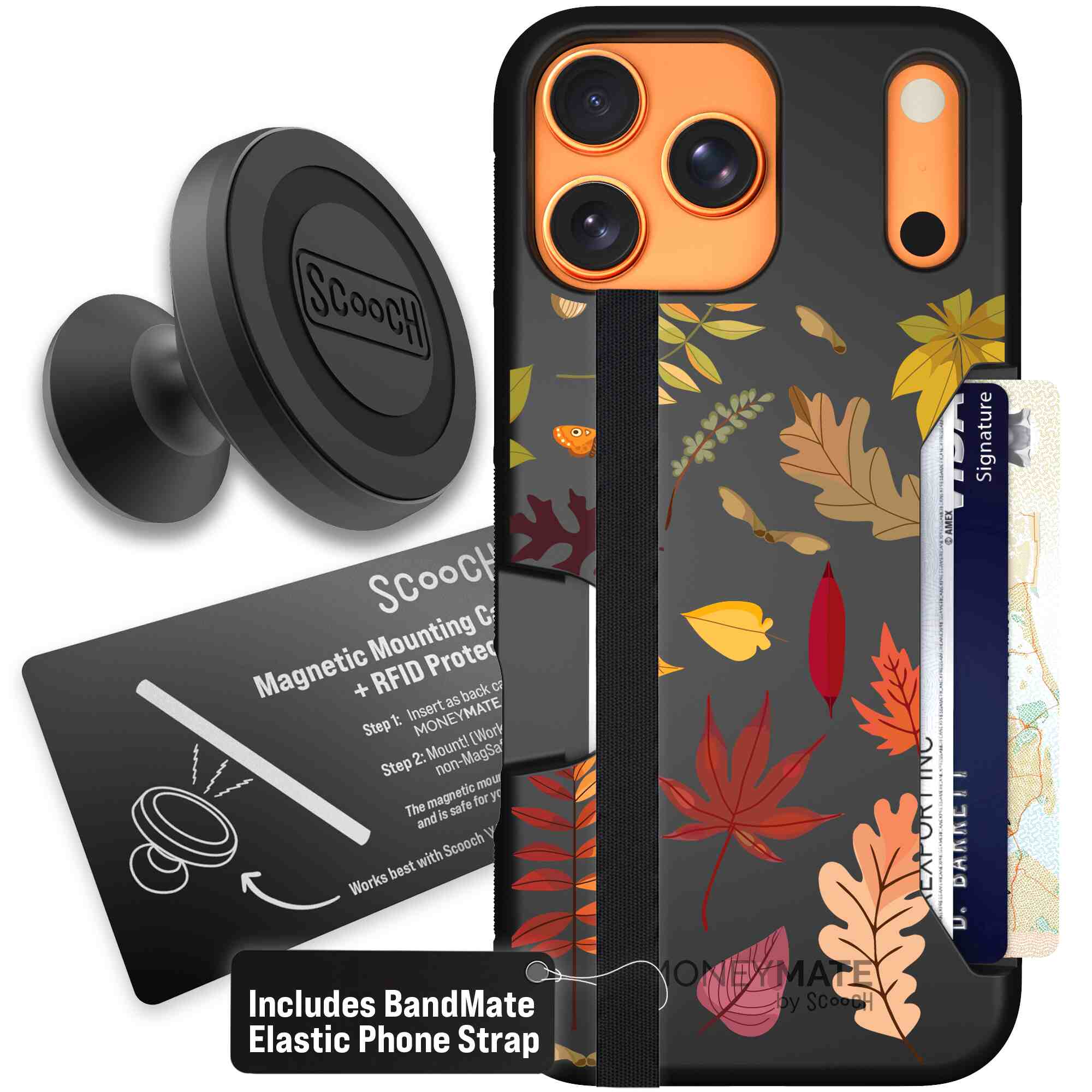 Autumn Leaves multicolored fall foliage pattern on a charcoal Scooch Moneymate case for iPhone 17 Pro Max - Starter Bundle