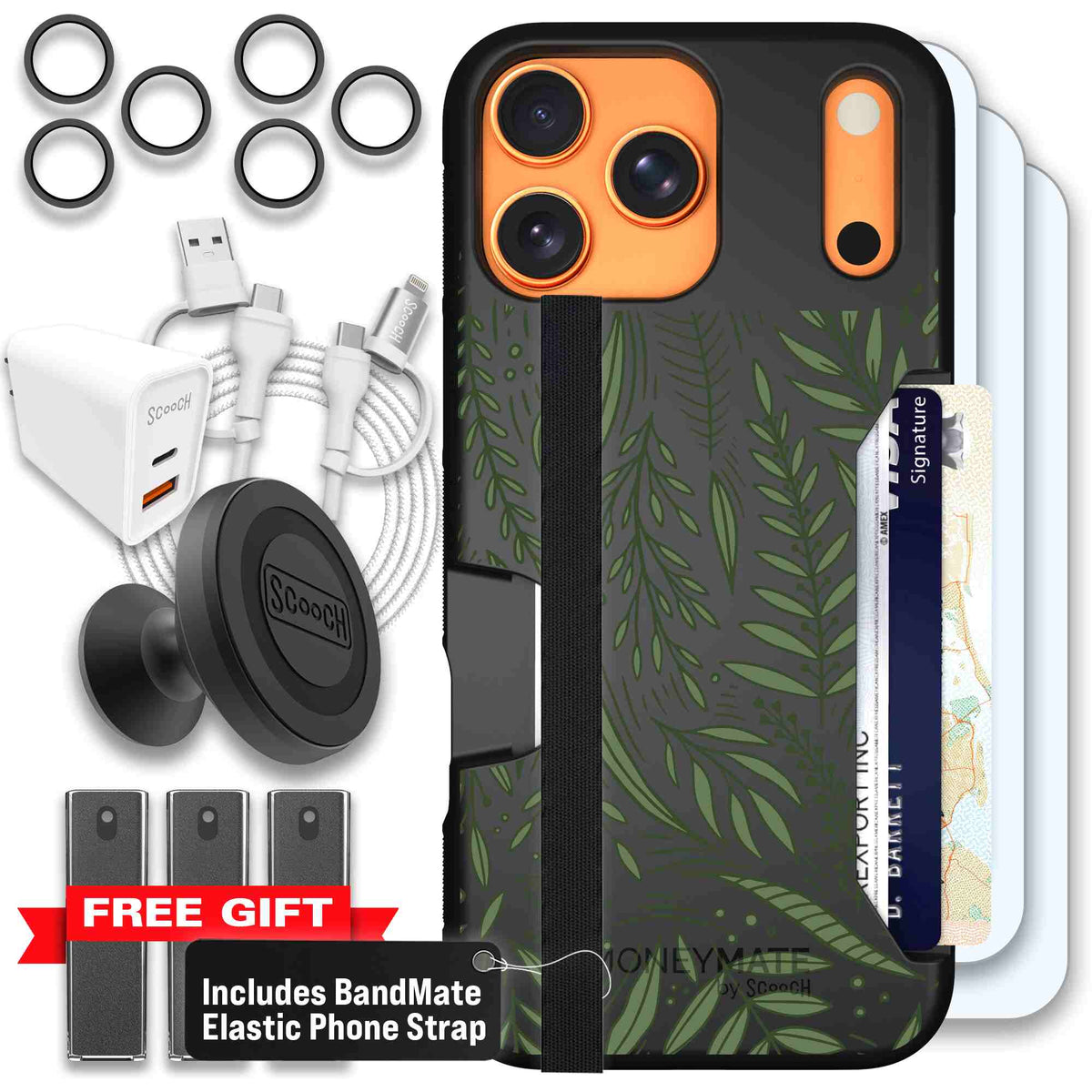 Willow Garden layered green leaves and branches on a charcoal Scooch Moneymate case for iPhone 17 Pro Max - Ultimate Bundle