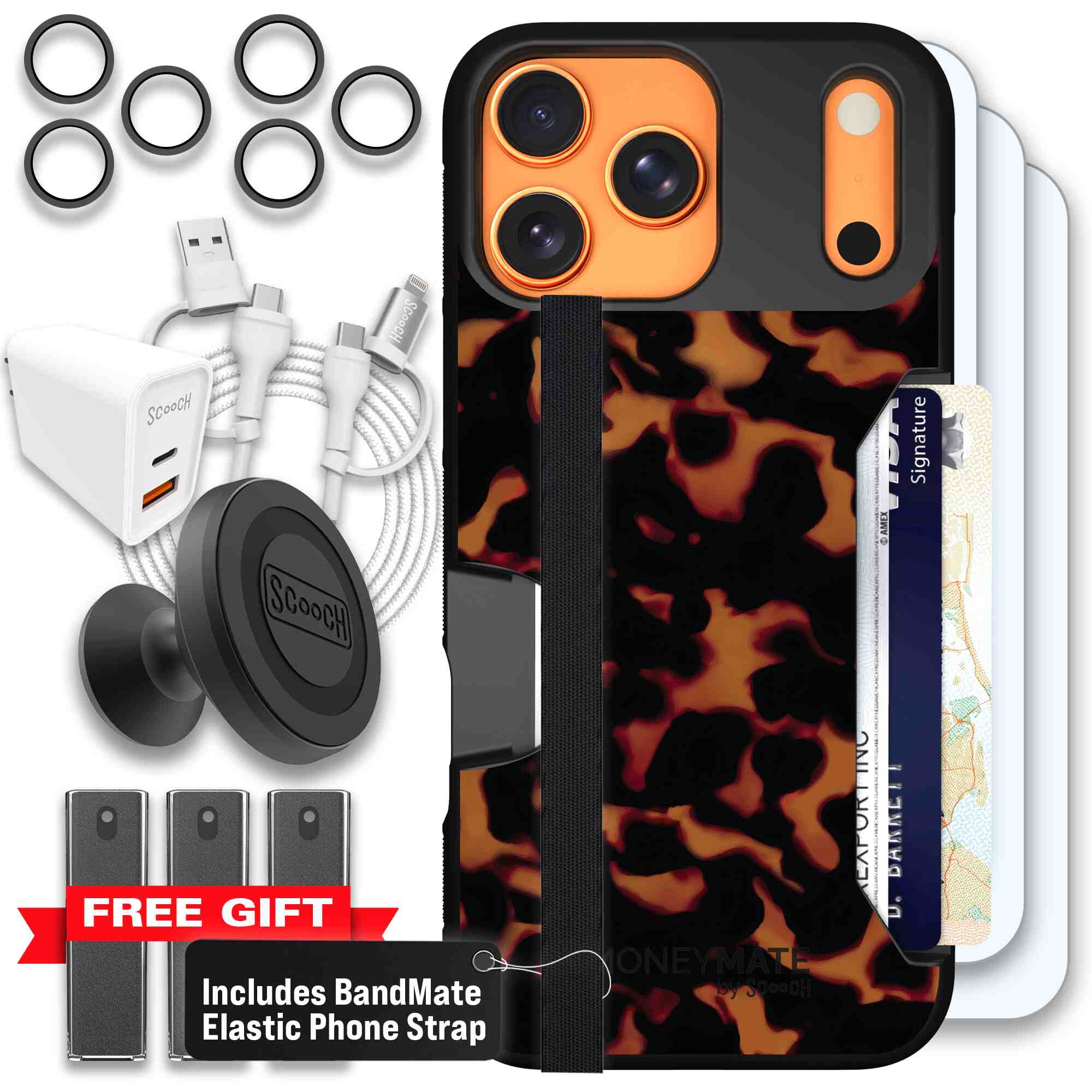 Tortoise Shell amber brown and black mottled pattern on a Scooch Moneymate case for iPhone 17 Pro Max - Ultimate Bundle