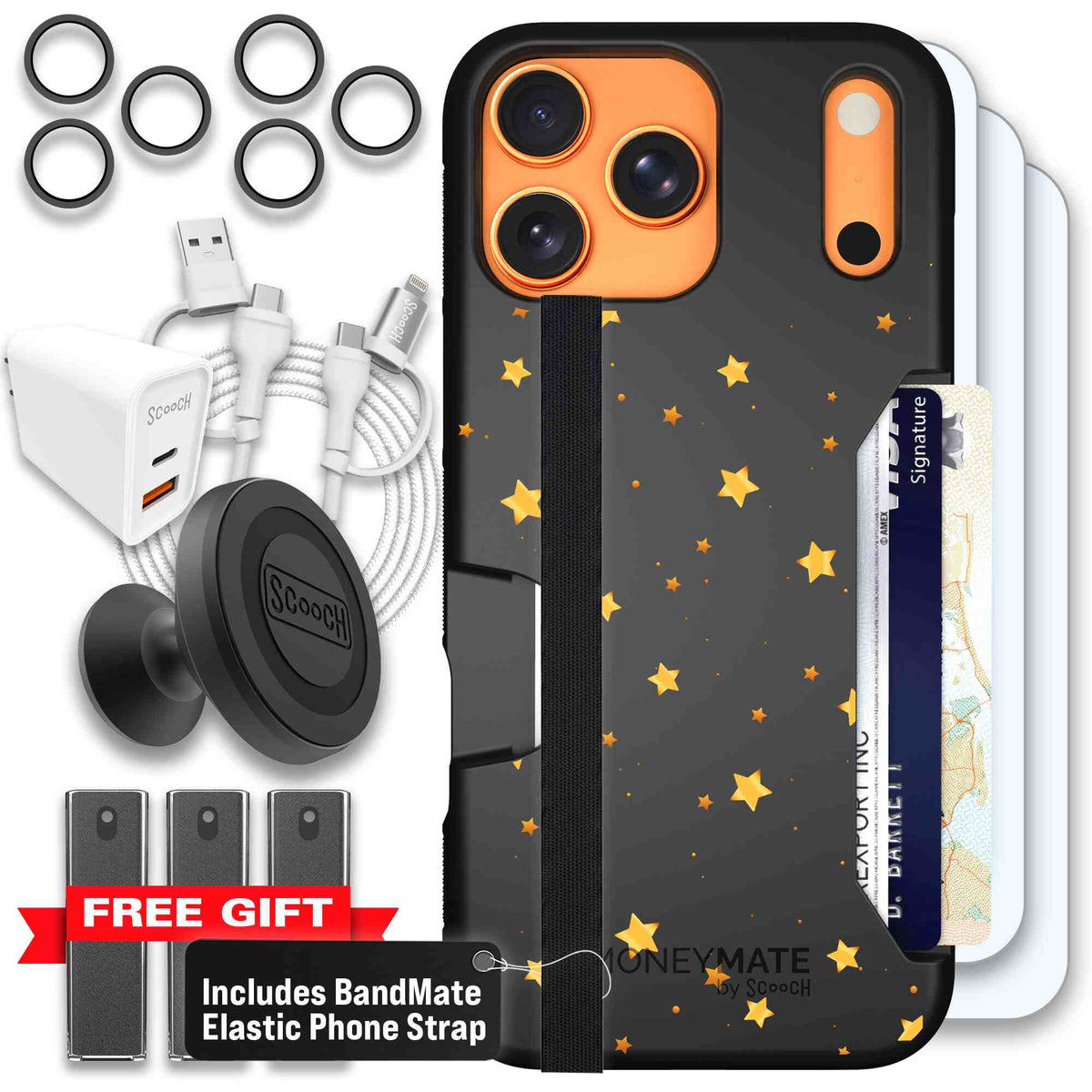 Gold Stars yellow and gold star pattern on a charcoal Scooch Moneymate case for iPhone 17 Pro Max - Ultimate Bundle
