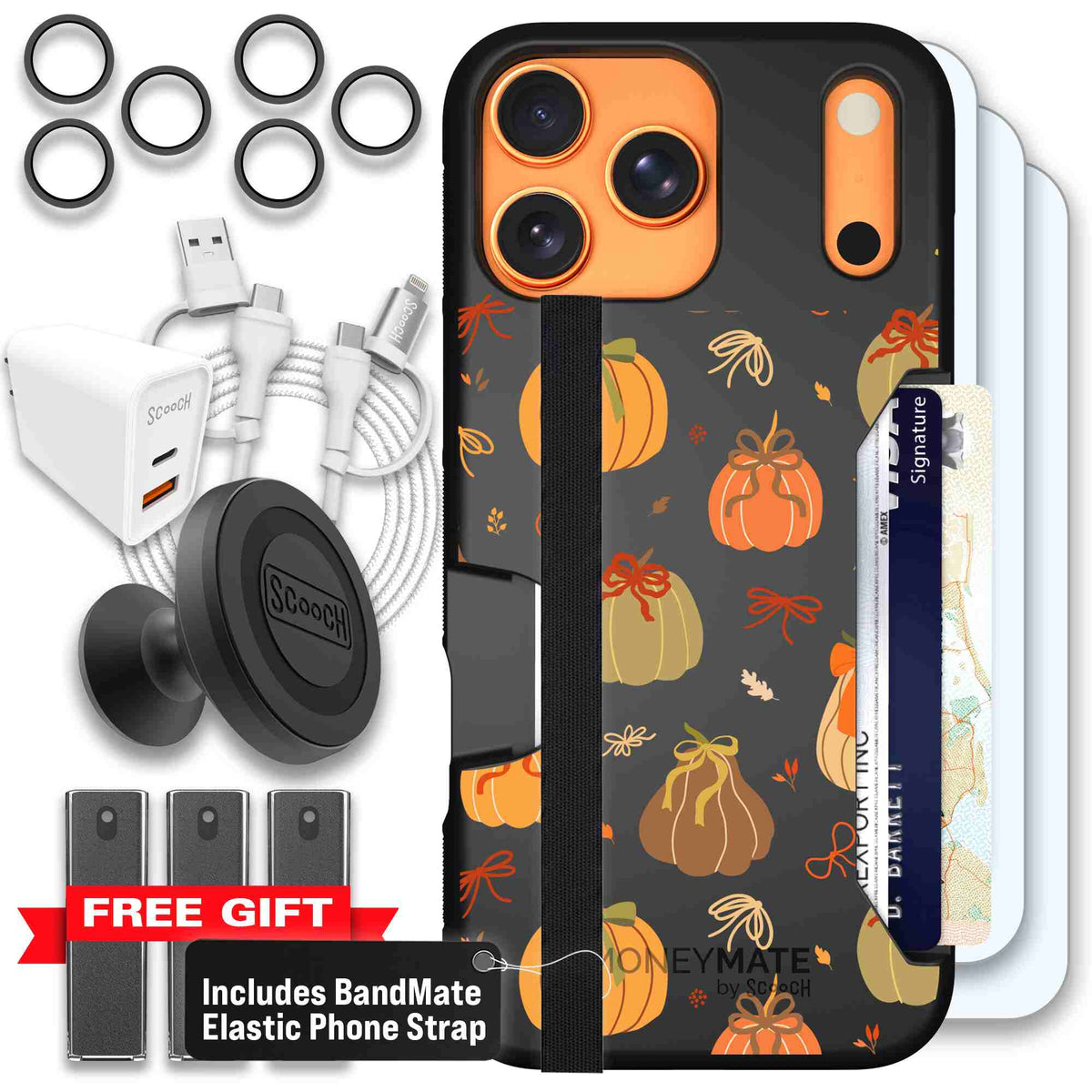 Pretty Pumpkins orange pumpkin and bow pattern on a Scooch Moneymate case for iPhone 17 Pro Max - Ultimate Bundle