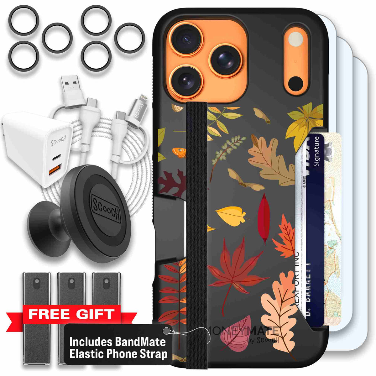 Autumn Leaves multicolored fall foliage pattern on a charcoal Scooch Moneymate case for iPhone 17 Pro Max - Ultimate Bundle