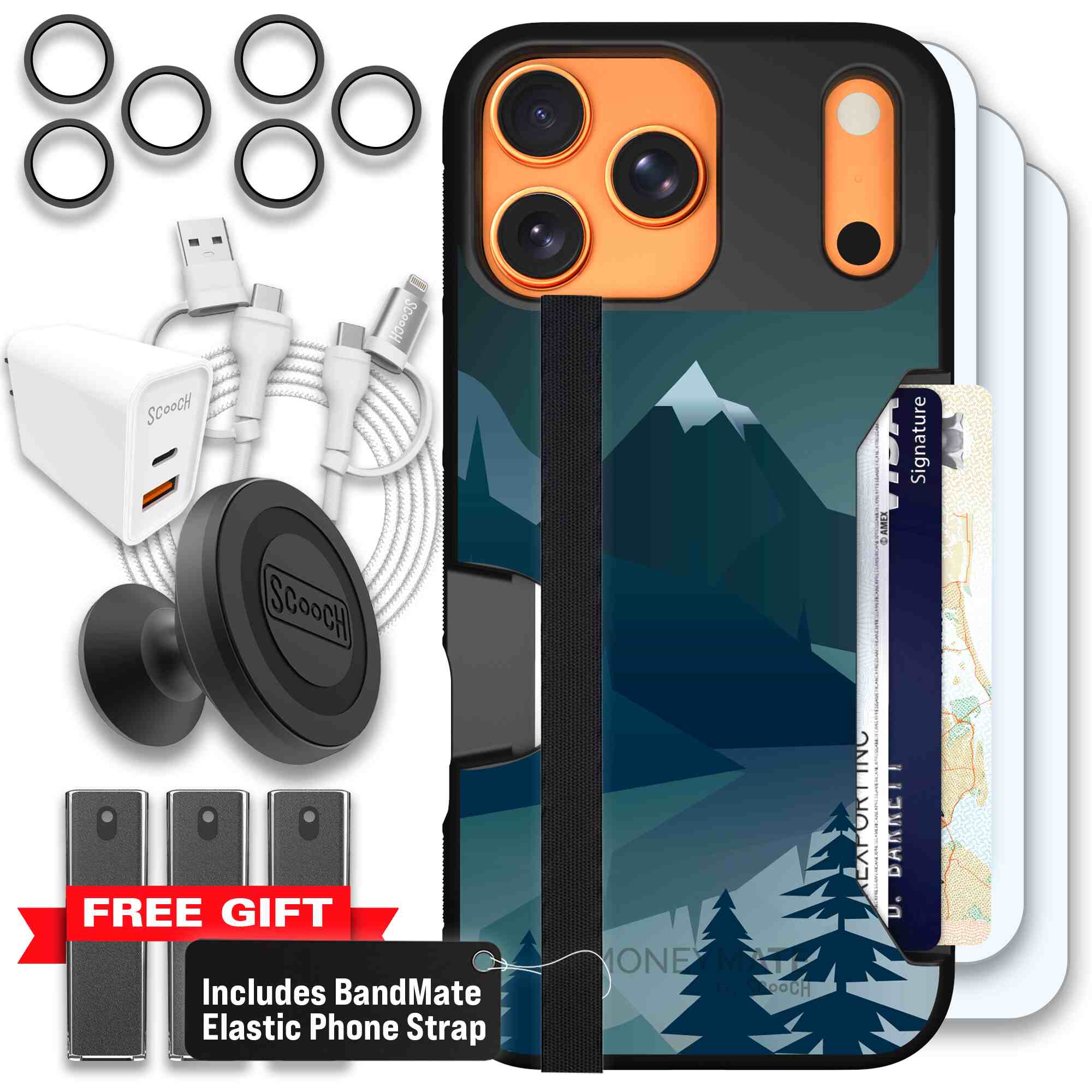 Midnight Ridge layered blue mountains and evergreen trees on a Scooch Moneymate case for iPhone 17 Pro Max - Ultimate Bundle