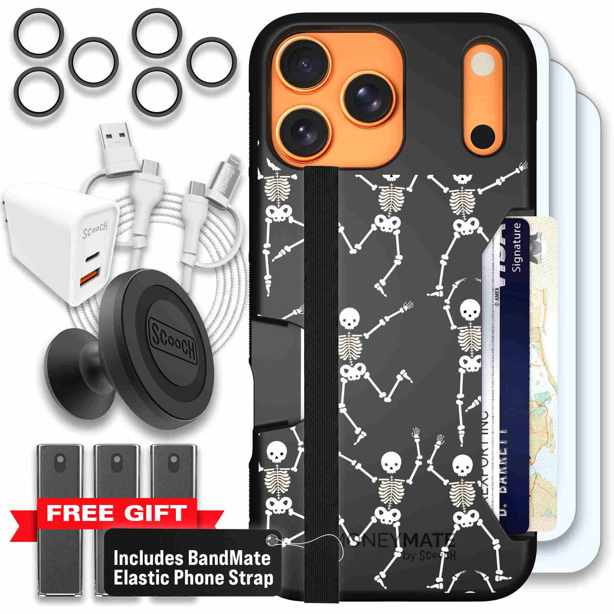 Swinging Skeletons white dancing skeleton pattern on a black Scooch Moneymate case for iPhone 17 Pro Max - Ultimate Bundle
