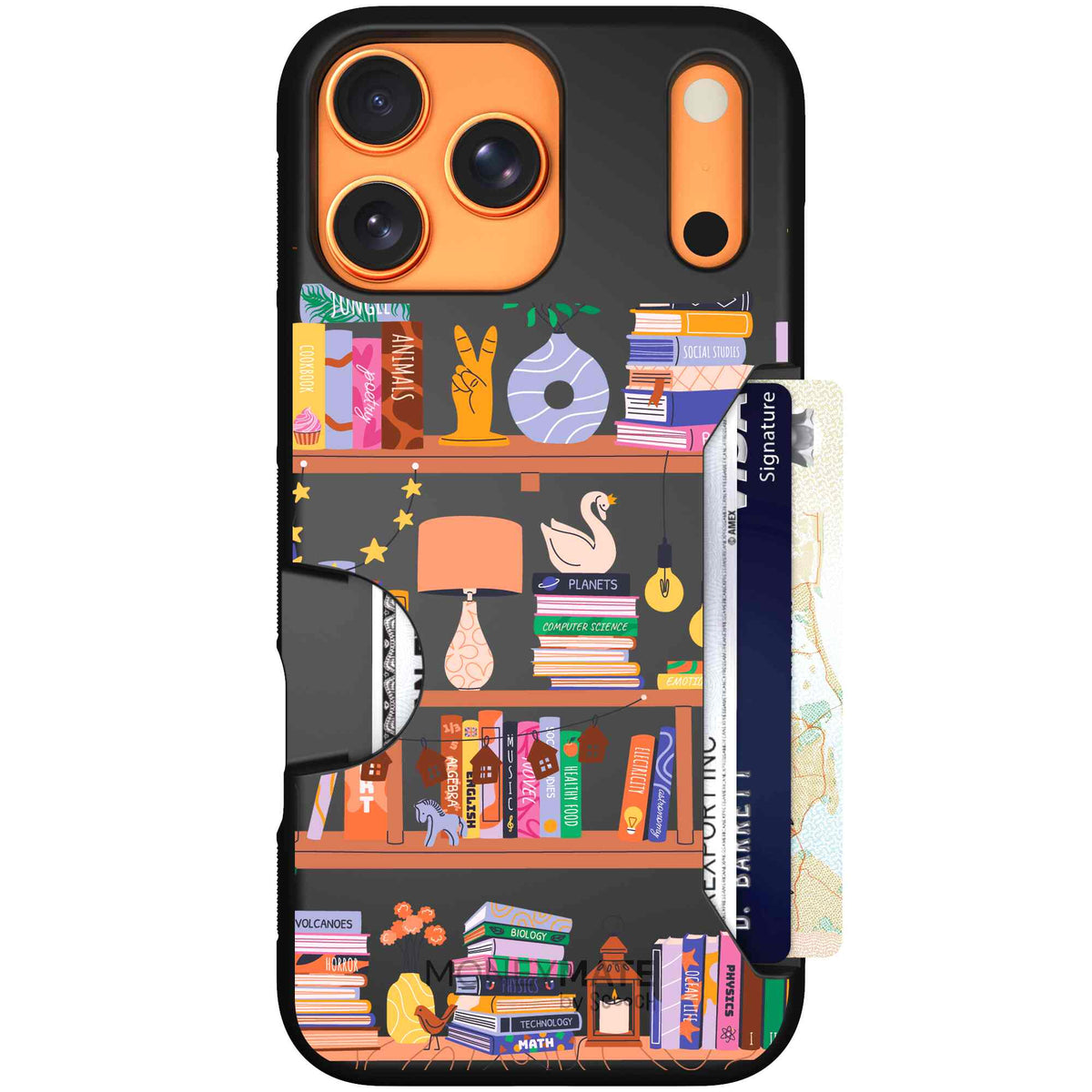 Little Library colorful book and bookshelf pattern on a Scooch Moneymate case for iPhone 17 Pro Max