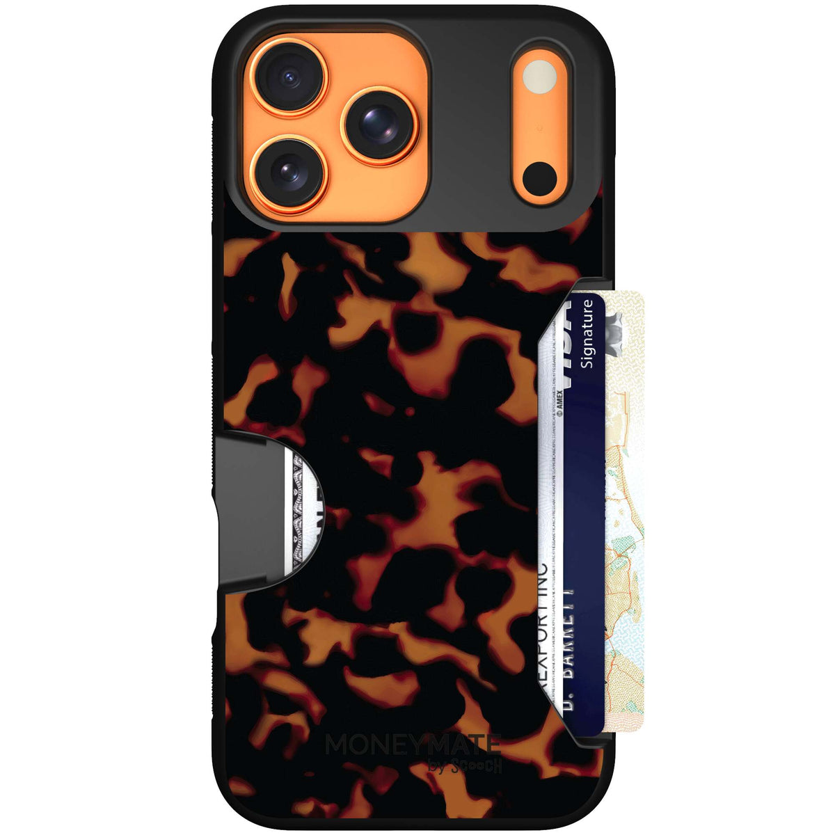 Tortoise Shell amber brown and black mottled pattern on a Scooch Moneymate case for iPhone 17 Pro Max