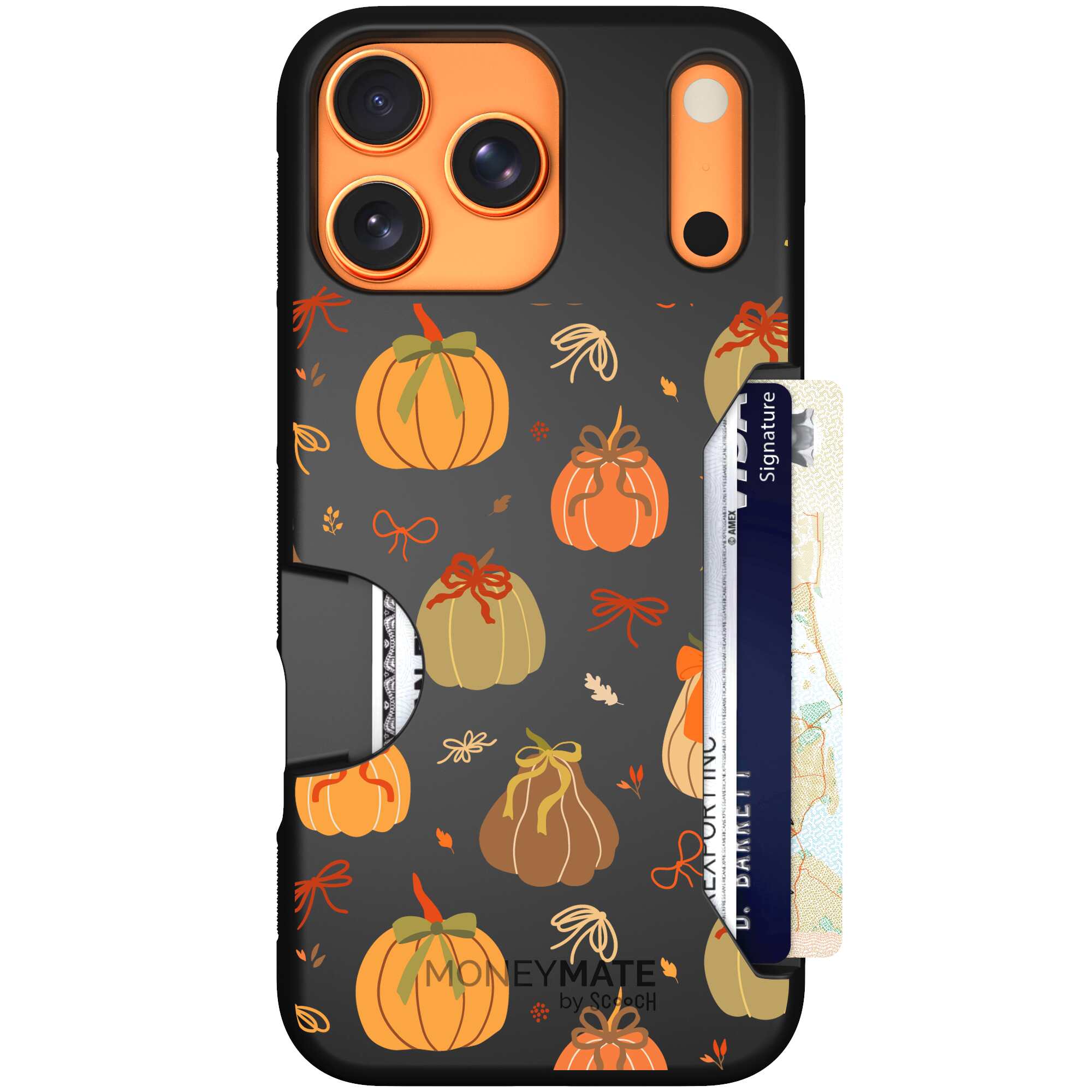 Pretty Pumpkins orange pumpkin and bow pattern on a Scooch Moneymate case for iPhone 17 Pro Max