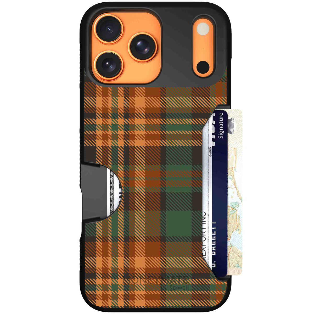 Fall Flannel orange and brown plaid pattern on a Scooch Moneymate case for iPhone 17 Pro Max