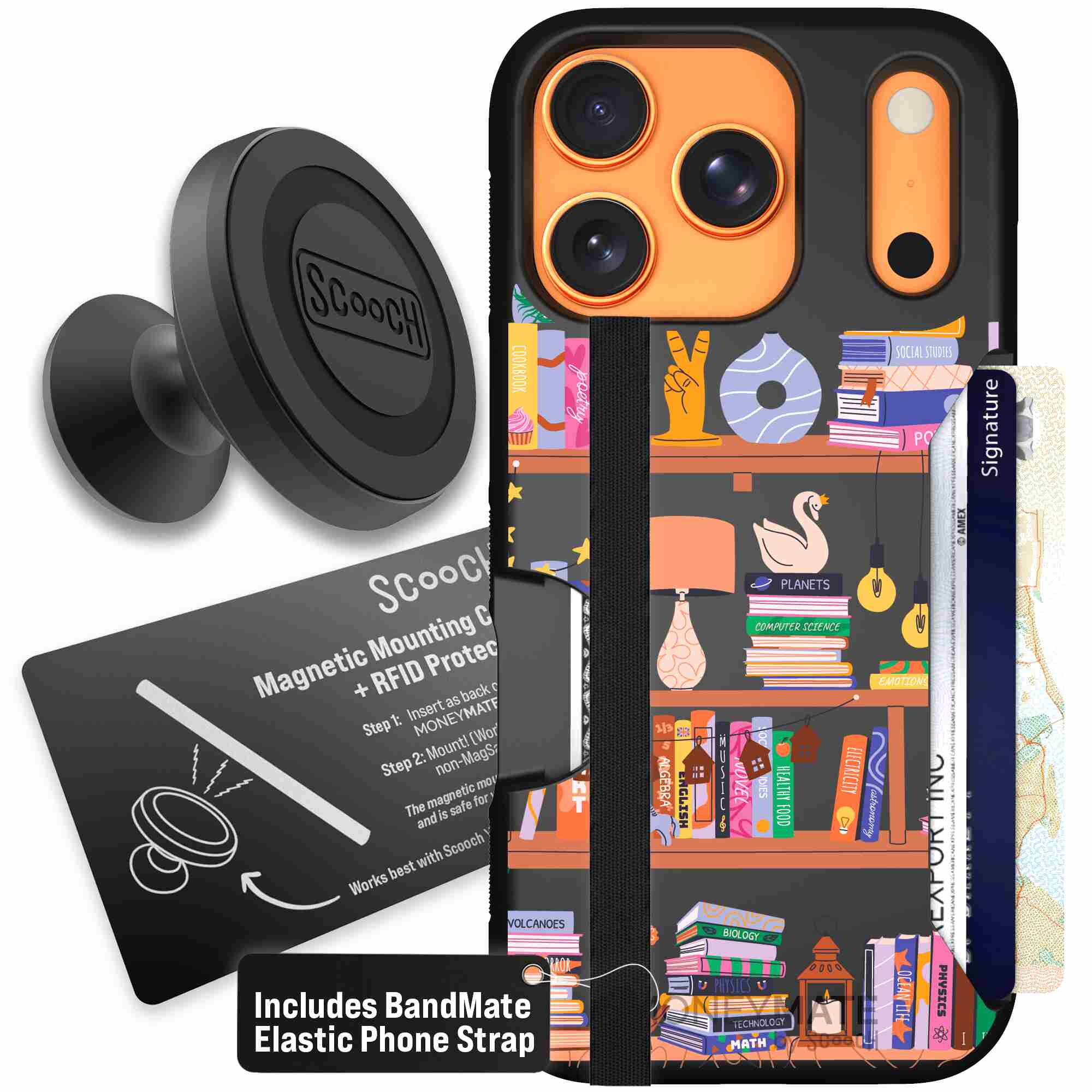Little Library colorful book and bookshelf pattern on a Scooch Moneymate case for iPhone 17 Pro - Starter Bundle
