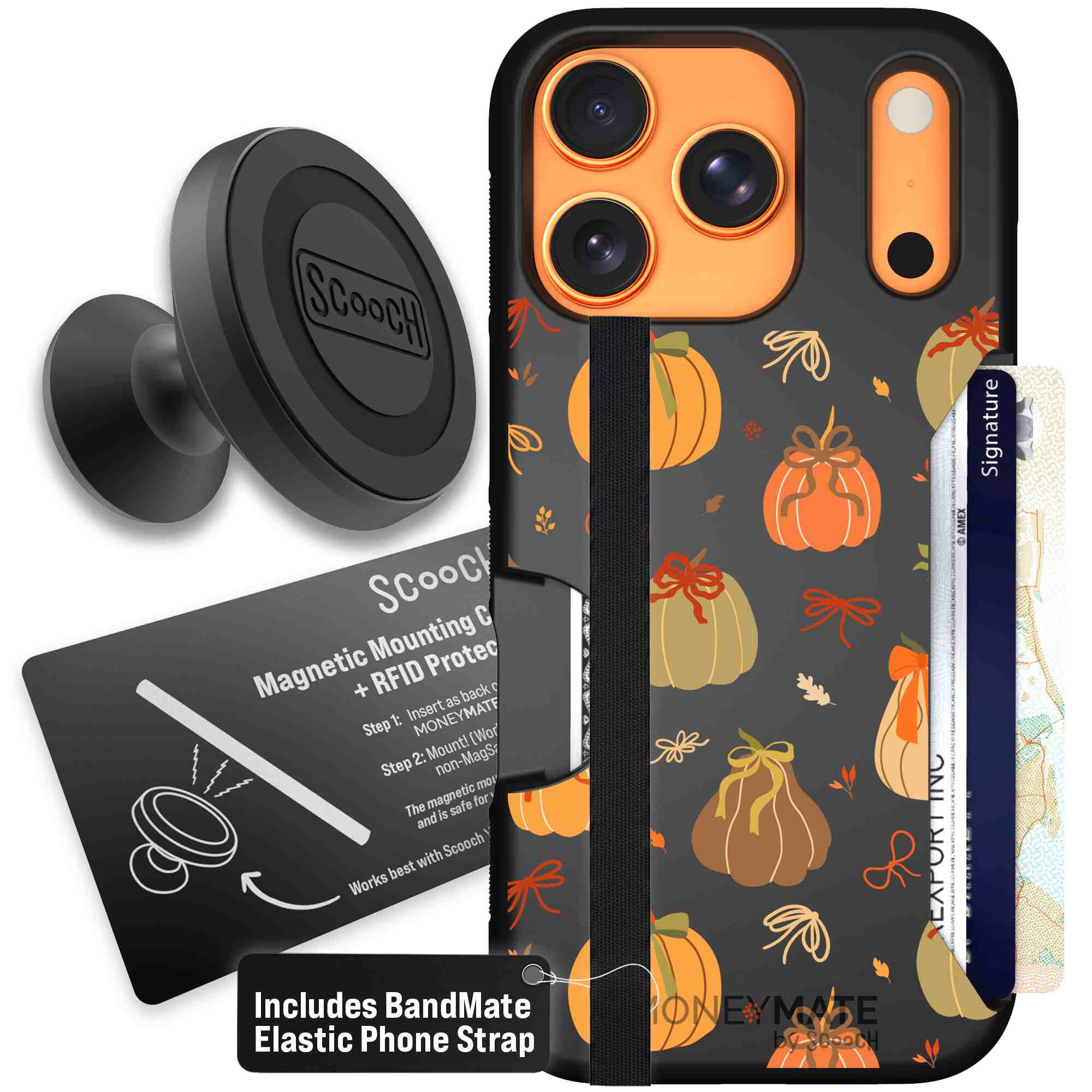 Pretty Pumpkins orange pumpkin and bow pattern on a Scooch Moneymate case for iPhone 17 Pro - Starter Bundle