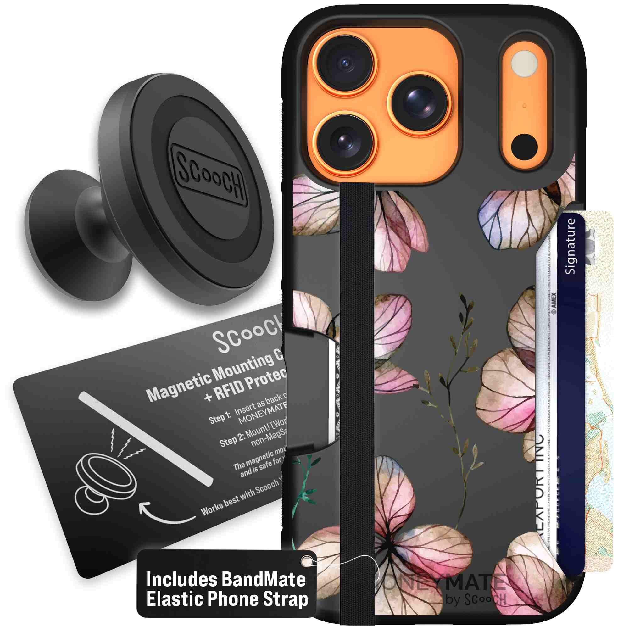 Dried Flowers blush mauve and cream floral pattern on a black Scooch Moneymate case for iPhone 17 Pro - Starter Bundle