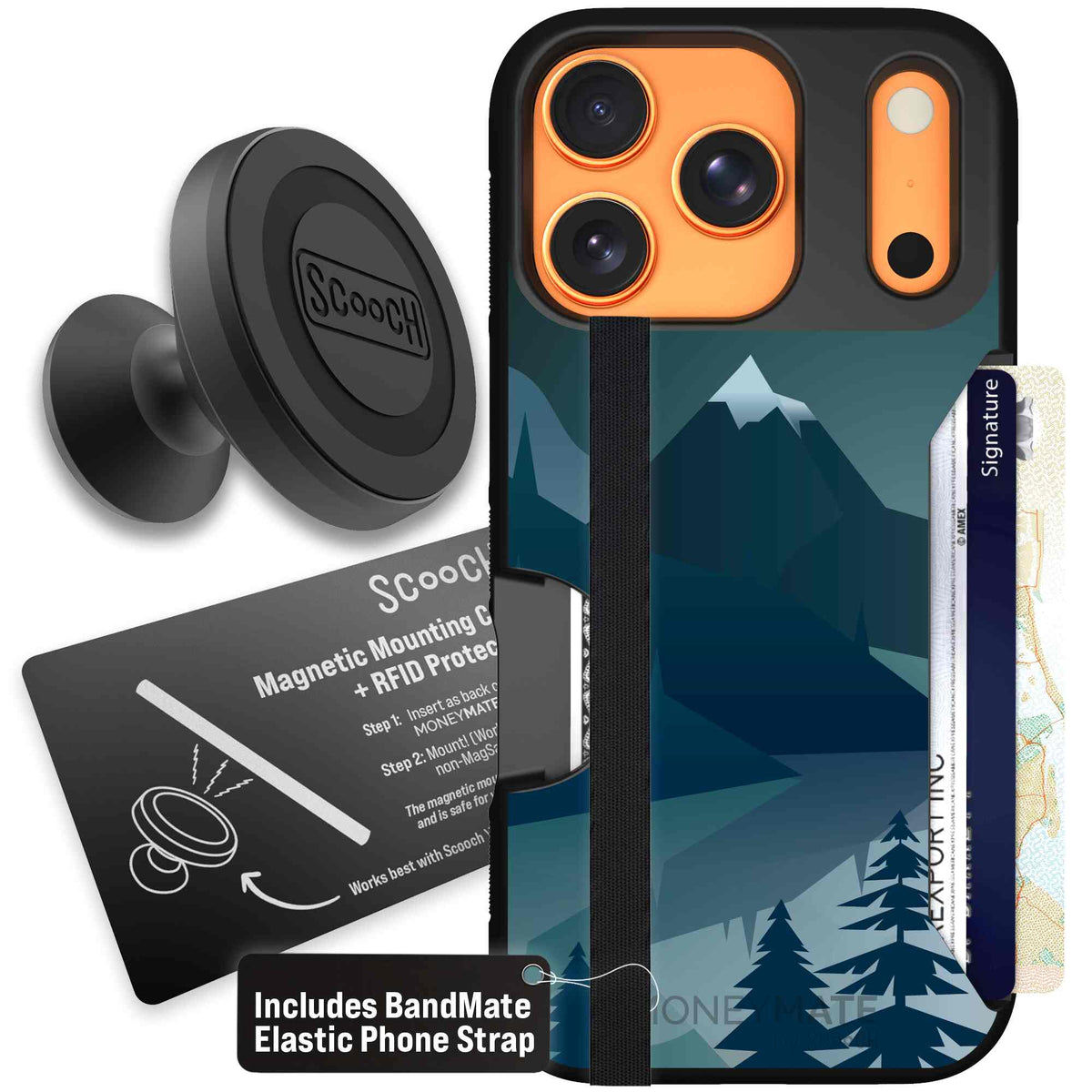 Midnight Ridge layered blue mountains and evergreen trees on a Scooch Moneymate case for iPhone 17 Pro - Starter Bundle