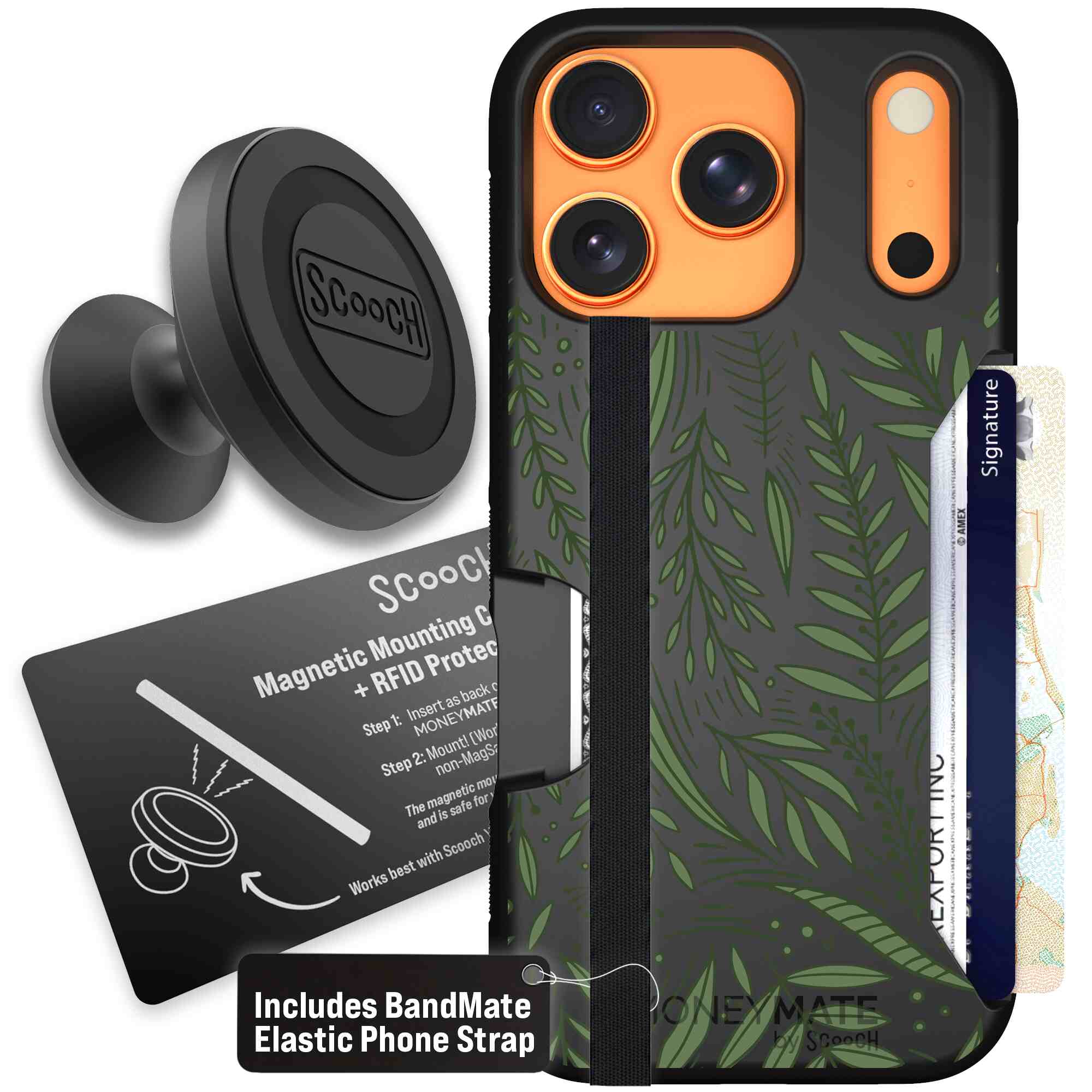 Willow Garden layered green leaves and branches on a charcoal Scooch Moneymate case for iPhone 17 Pro - Starter Bundle