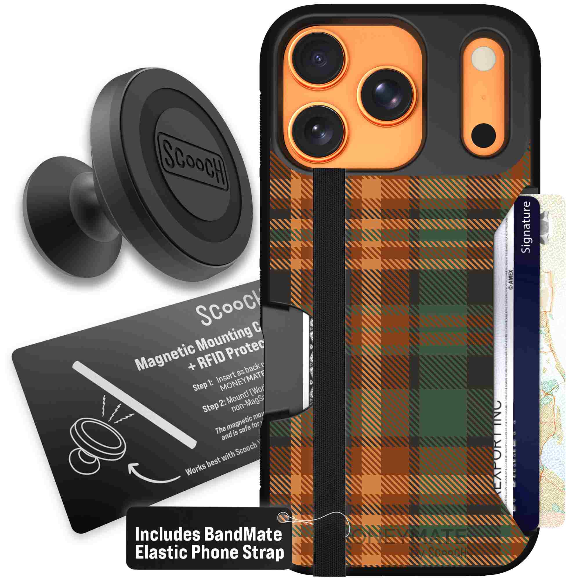 Fall Flannel orange and brown plaid pattern on a Scooch Moneymate case for iPhone 17 Pro - Starter Bundle