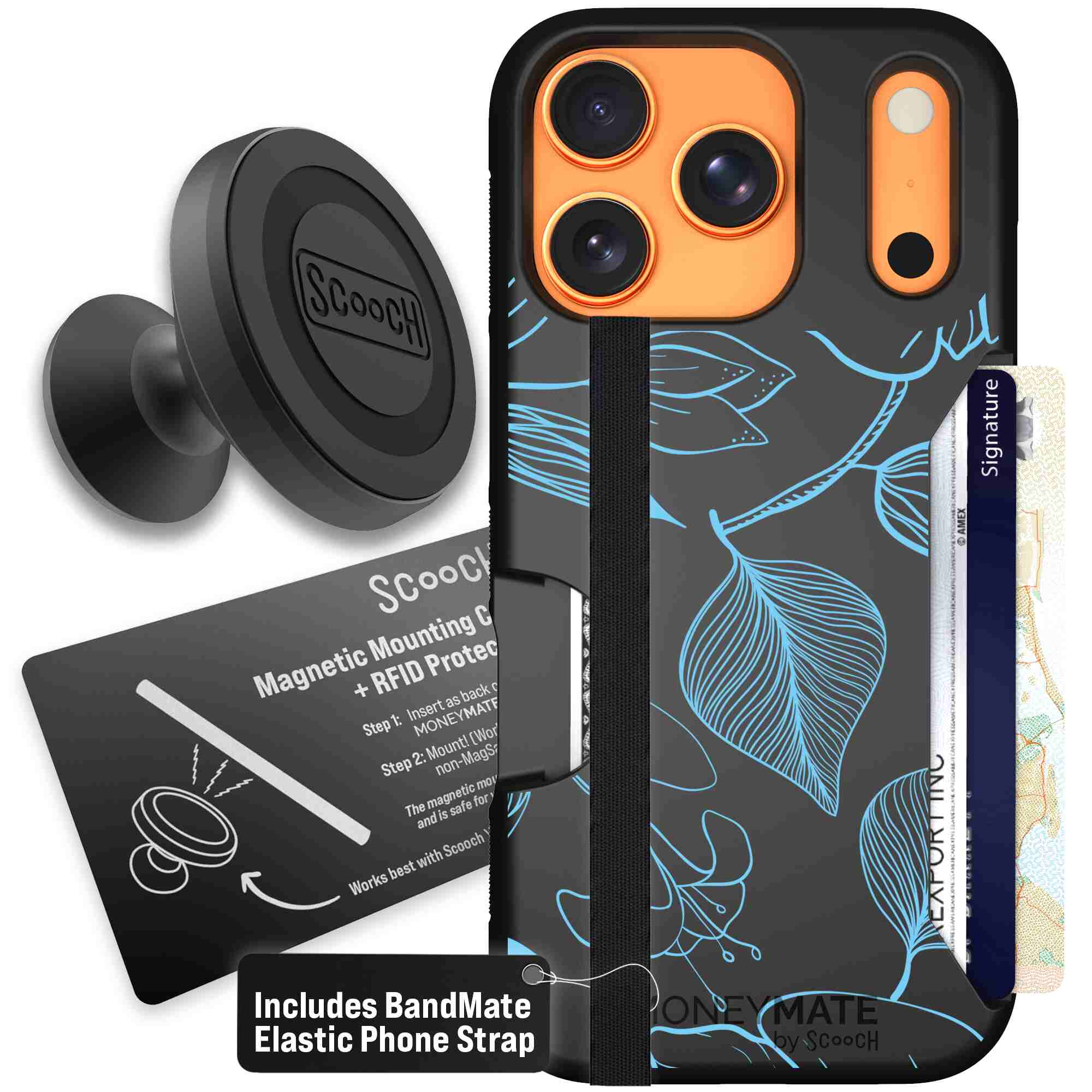 Blue Hibiscus cyan-blue tropical flower pattern on a charcoal Scooch Moneymate case for iPhone 17 Pro - Starter Bundle
