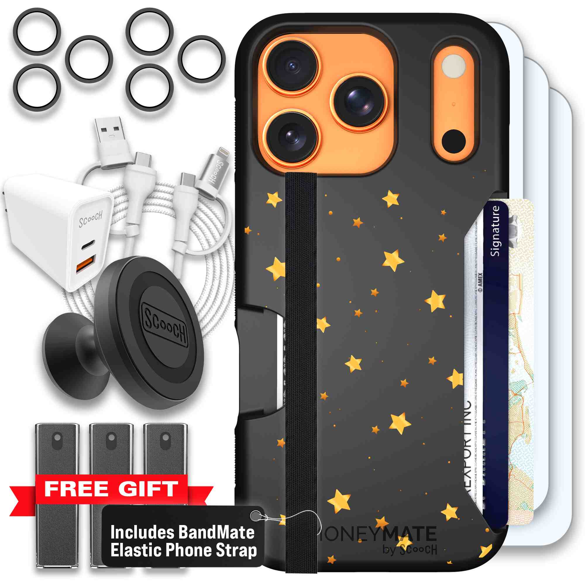 Gold Stars yellow and gold star pattern on a charcoal Scooch Moneymate case for iPhone 17 Pro - Ultimate Bundle