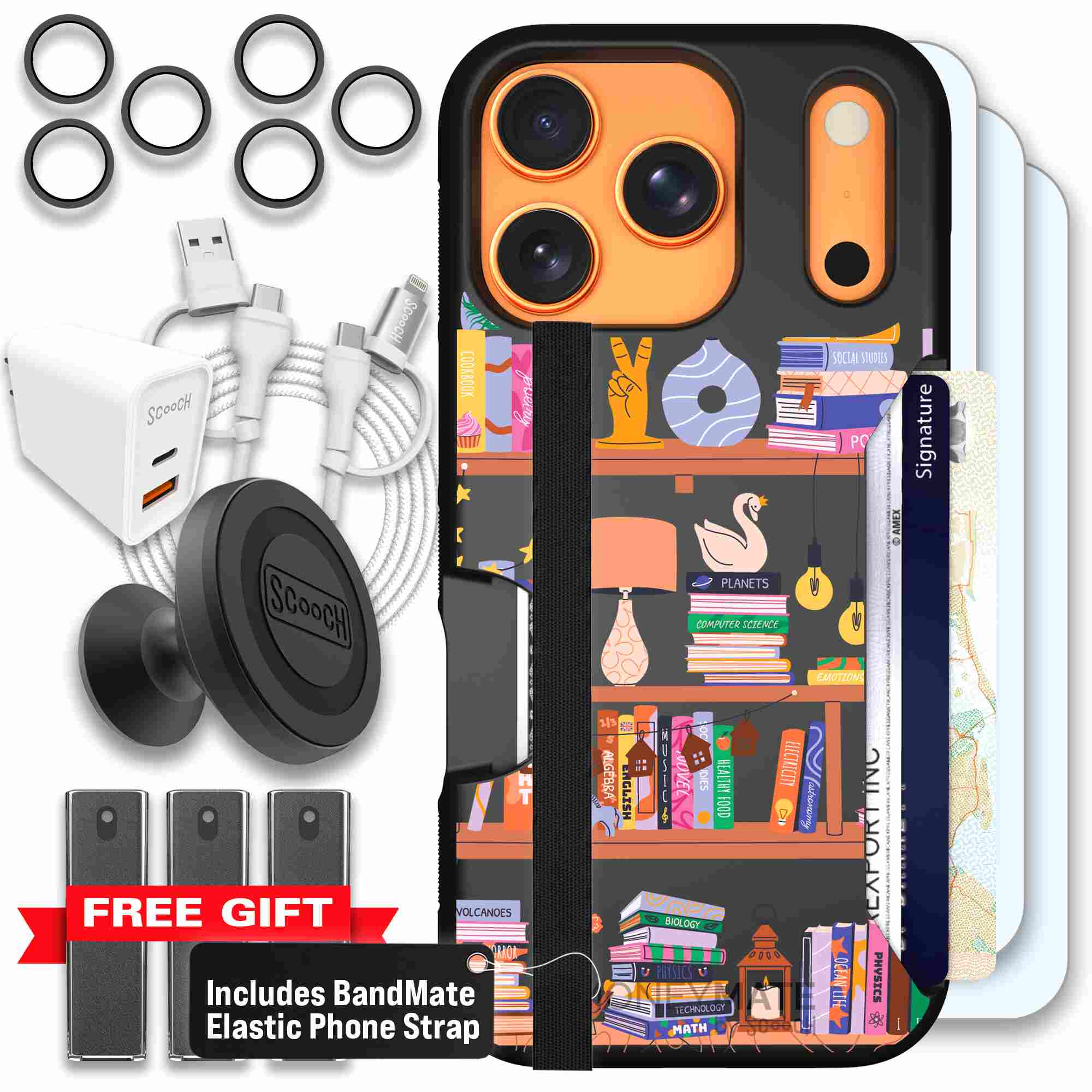 Little Library colorful book and bookshelf pattern on a Scooch Moneymate case for iPhone 17 Pro - Ultimate Bundle