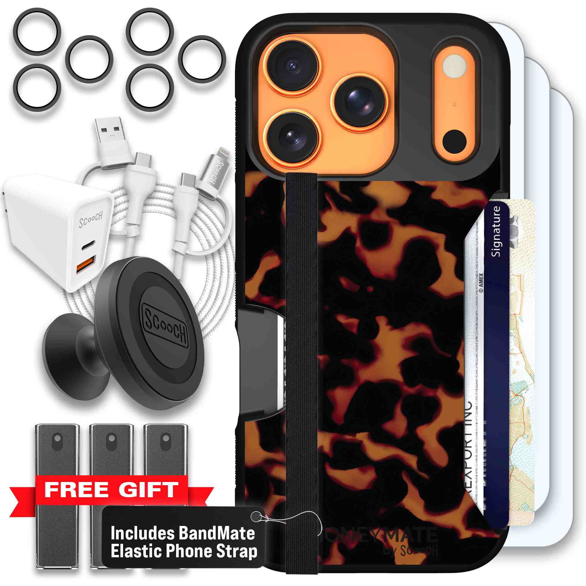 Tortoise Shell amber brown and black mottled pattern on a Scooch Moneymate case for iPhone 17 Pro - Ultimate Bundle
