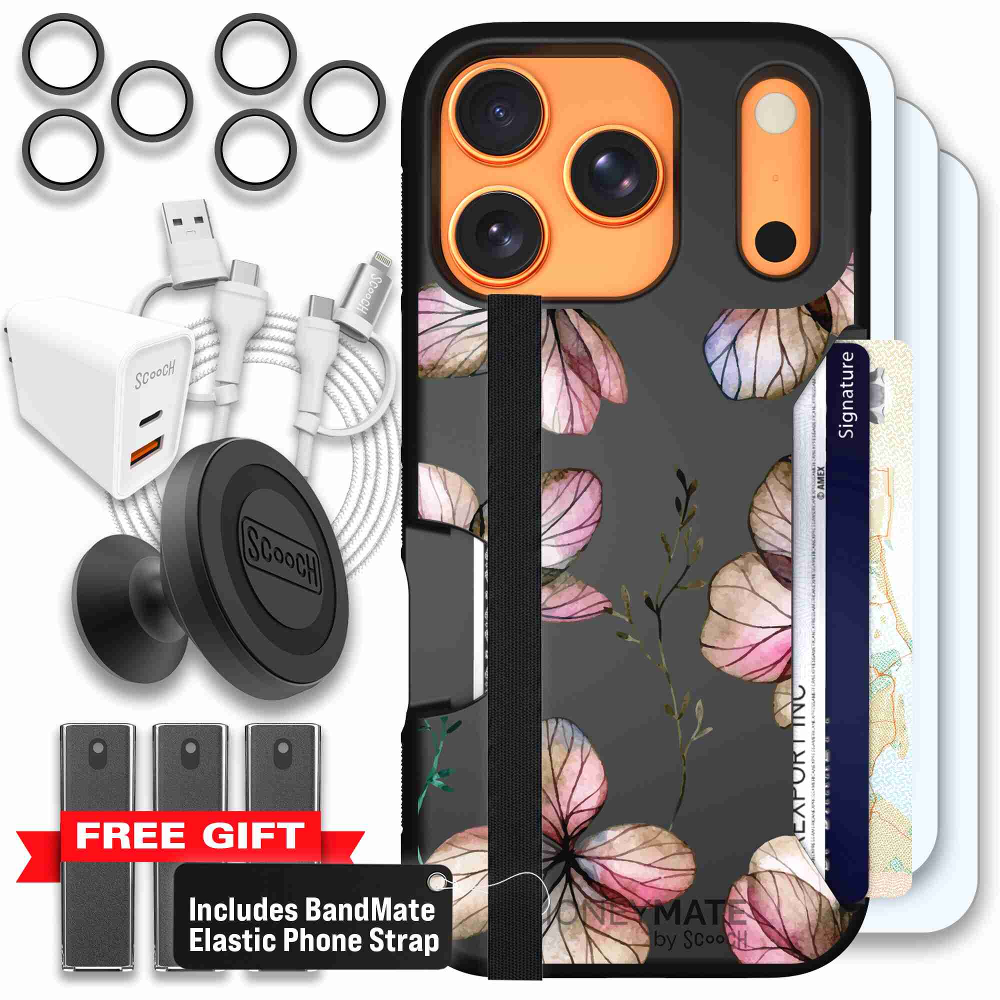 Dried Flowers blush mauve and cream floral pattern on a black Scooch Moneymate case for iPhone 17 Pro - Ultimate Bundle
