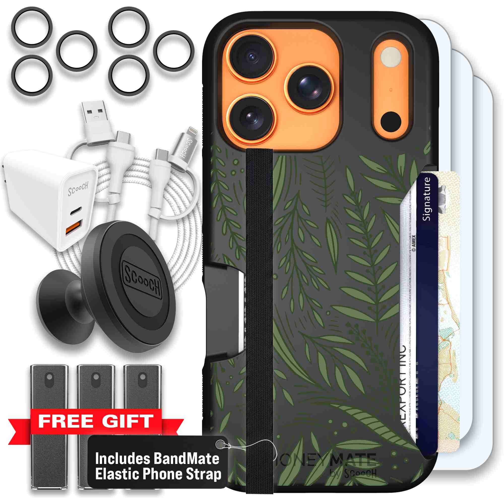 Willow Garden layered green leaves and branches on a charcoal Scooch Moneymate case for iPhone 17 Pro - Ultimate Bundle
