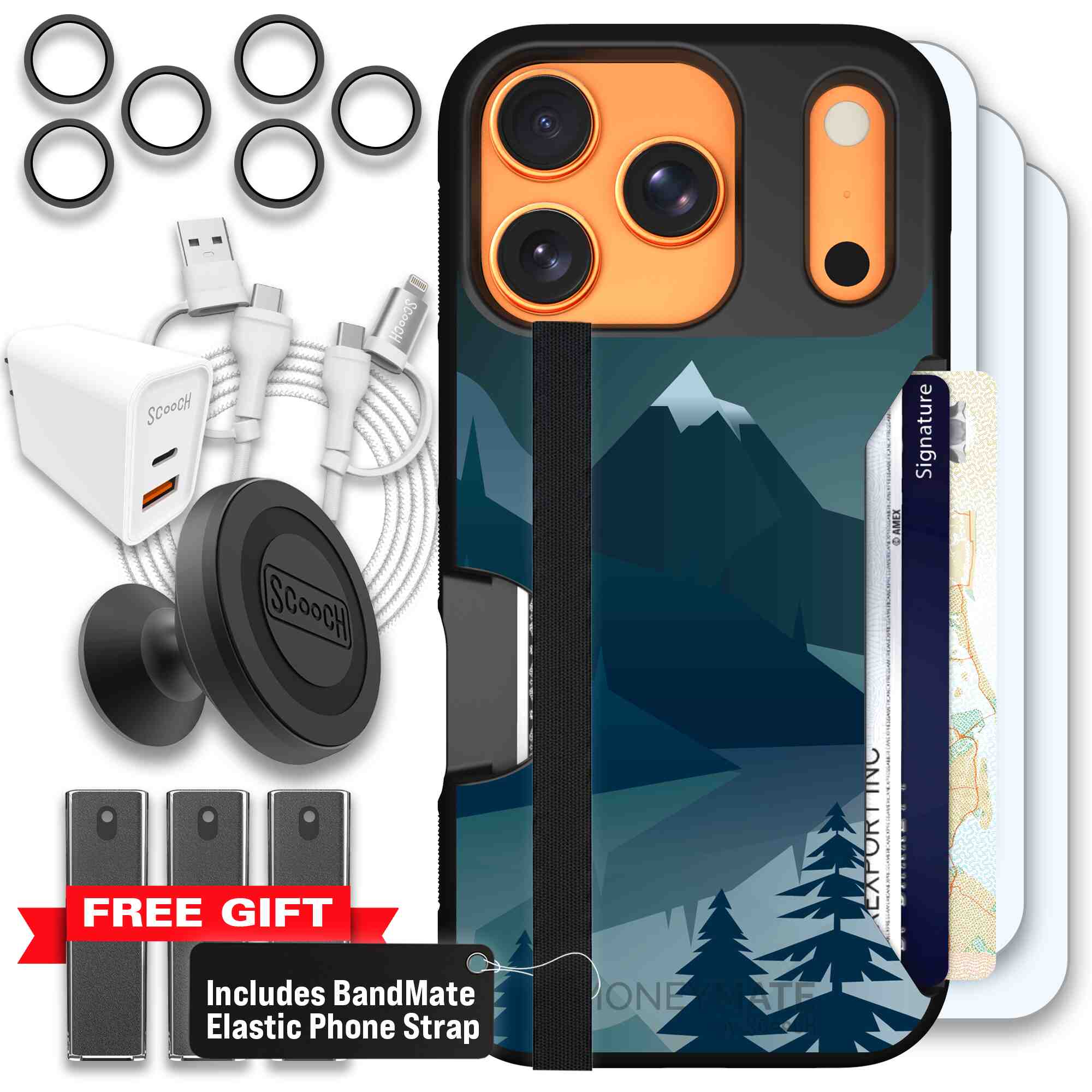 Midnight Ridge layered blue mountains and evergreen trees on a Scooch Moneymate case for iPhone 17 Pro - Ultimate Bundle