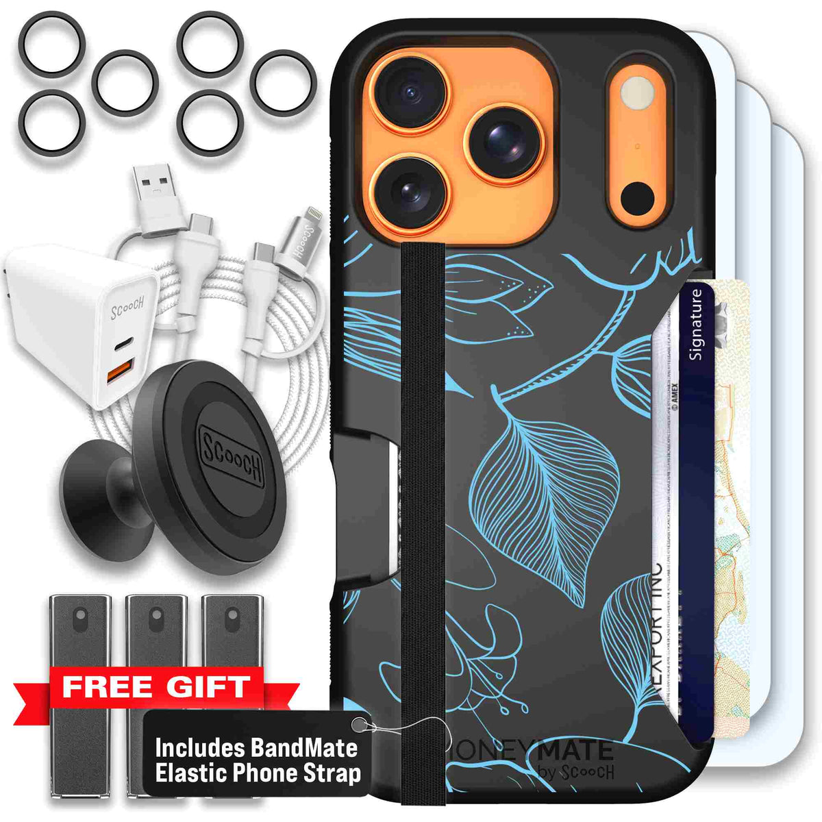 Blue Hibiscus cyan-blue tropical flower pattern on a charcoal Scooch Moneymate case for iPhone 17 Pro - Ultimate Bundle