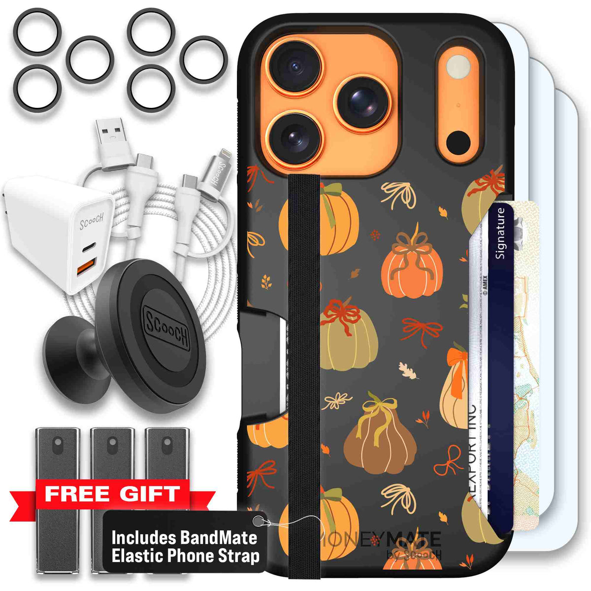 Pretty Pumpkins orange pumpkin and bow pattern on a Scooch Moneymate case for iPhone 17 Pro - Ultimate Bundle