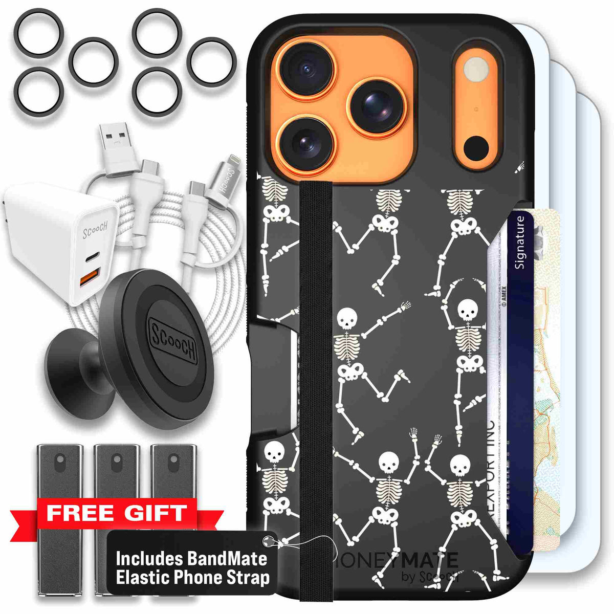 Swinging Skeletons white dancing skeleton pattern on a black Scooch Moneymate case for iPhone 17 Pro - Ultimate Bundle