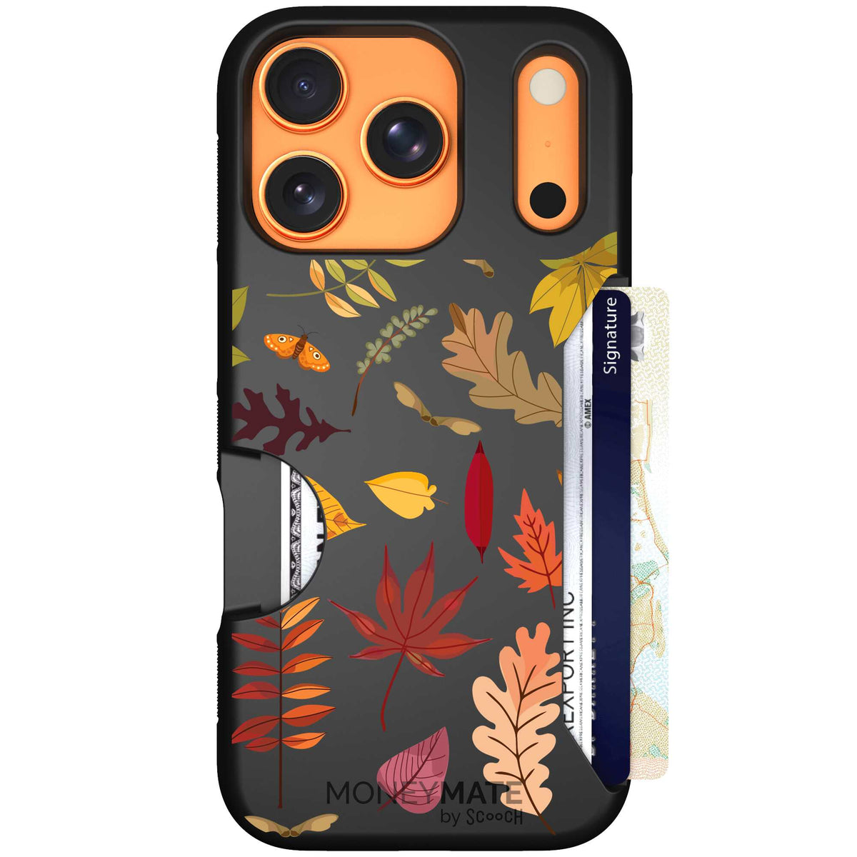 Autumn Leaves multicolored fall foliage pattern on a charcoal Scooch Moneymate case for iPhone 17 Pro