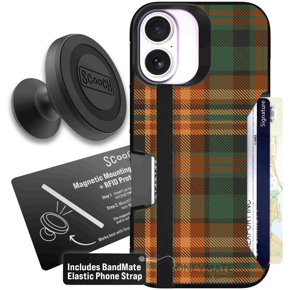 Fall Flannel orange and brown plaid pattern on a Scooch Moneymate case for iPhone 17 - Starter Bundle