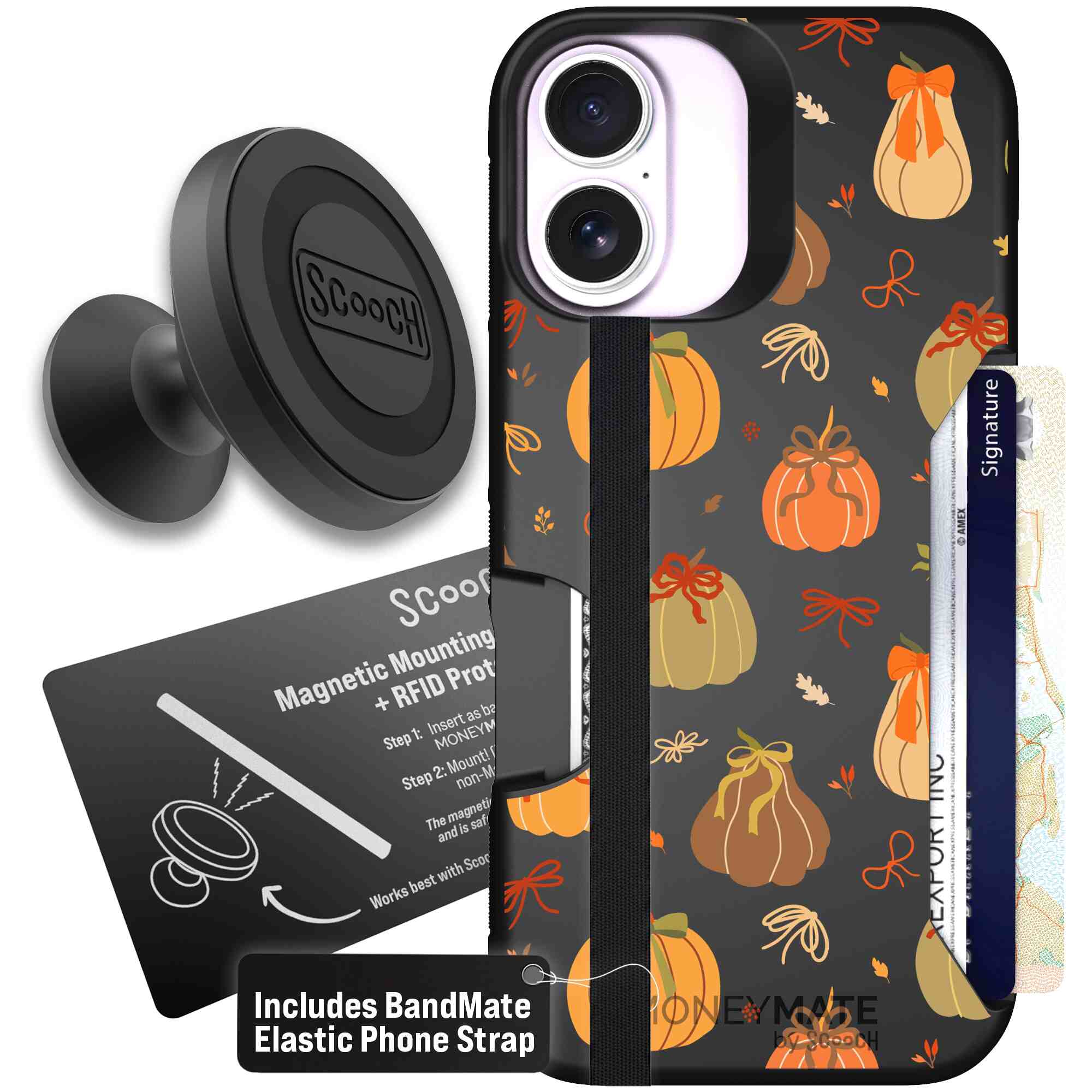 Pretty Pumpkins orange pumpkin and bow pattern on a Scooch Moneymate case for iPhone 17 - Starter Bundle