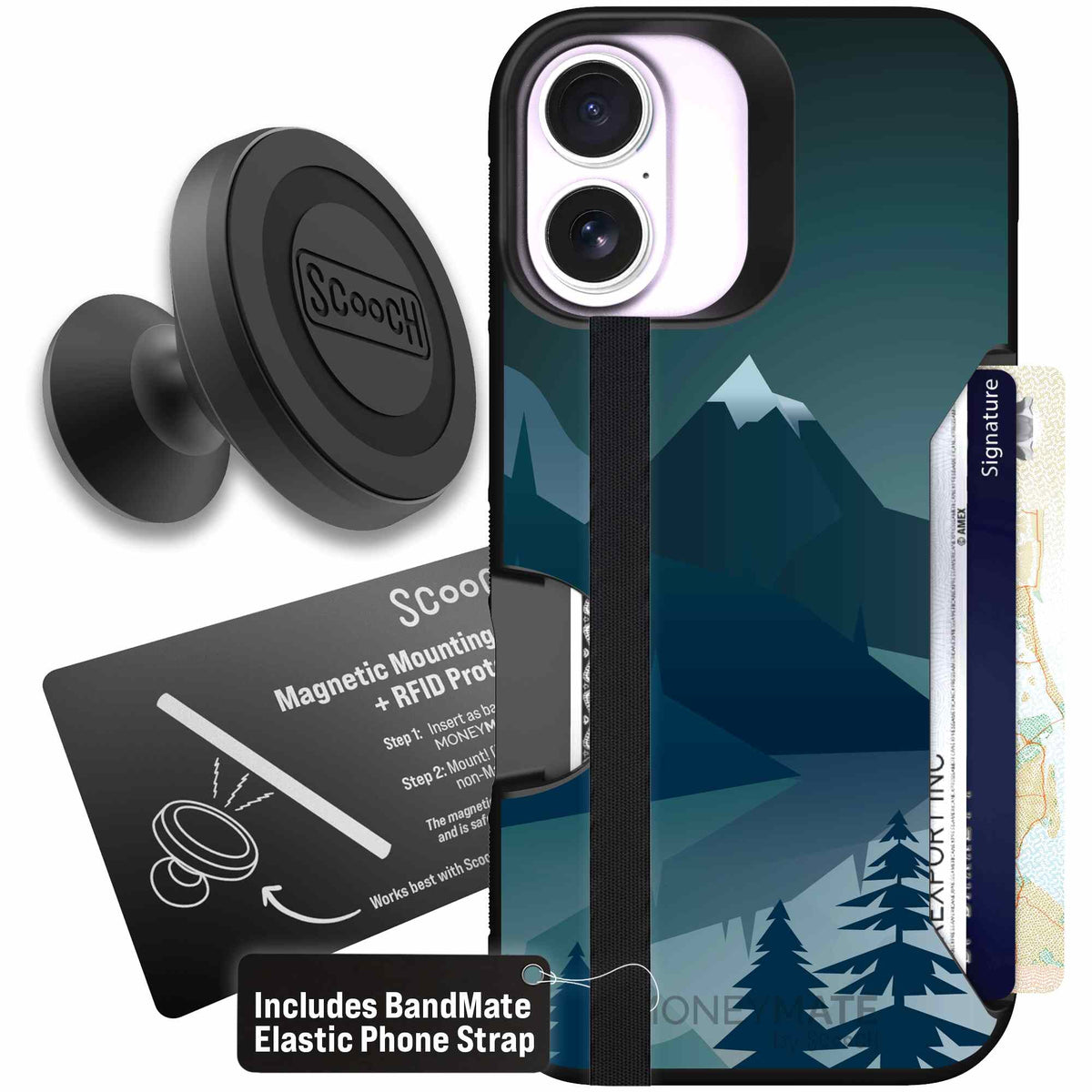 Midnight Ridge layered blue mountains and evergreen trees on a Scooch Moneymate case for iPhone 17 - Starter Bundle