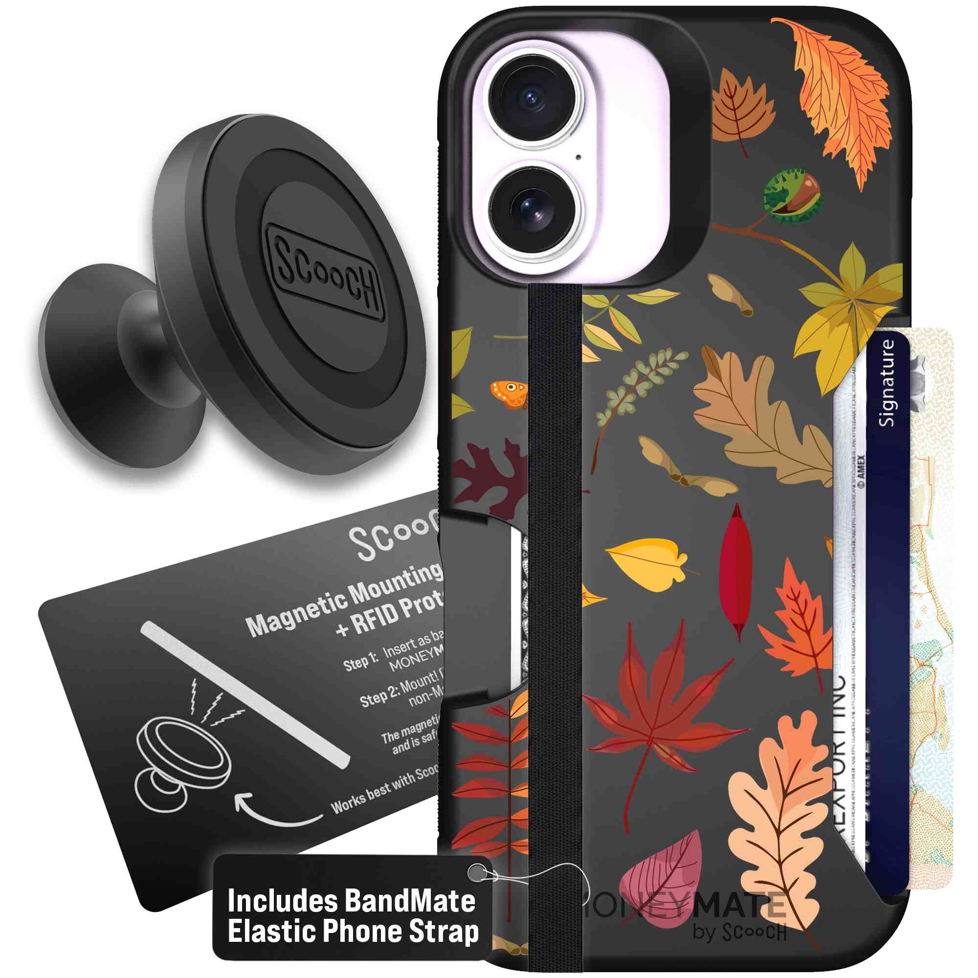 Autumn Leaves multicolored fall foliage pattern on a charcoal Scooch Moneymate case for iPhone 17 - Starter Bundle