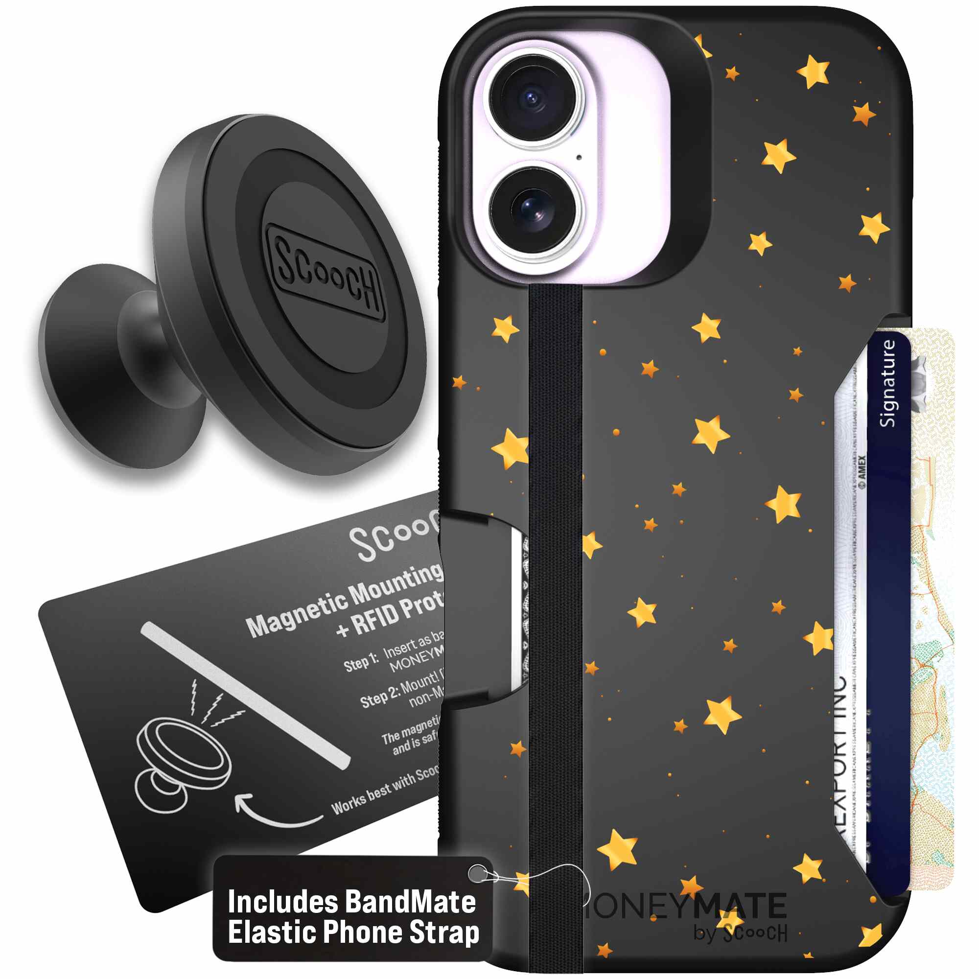 Gold Stars yellow and gold star pattern on a charcoal Scooch Moneymate case for iPhone 17 - Starter Bundle