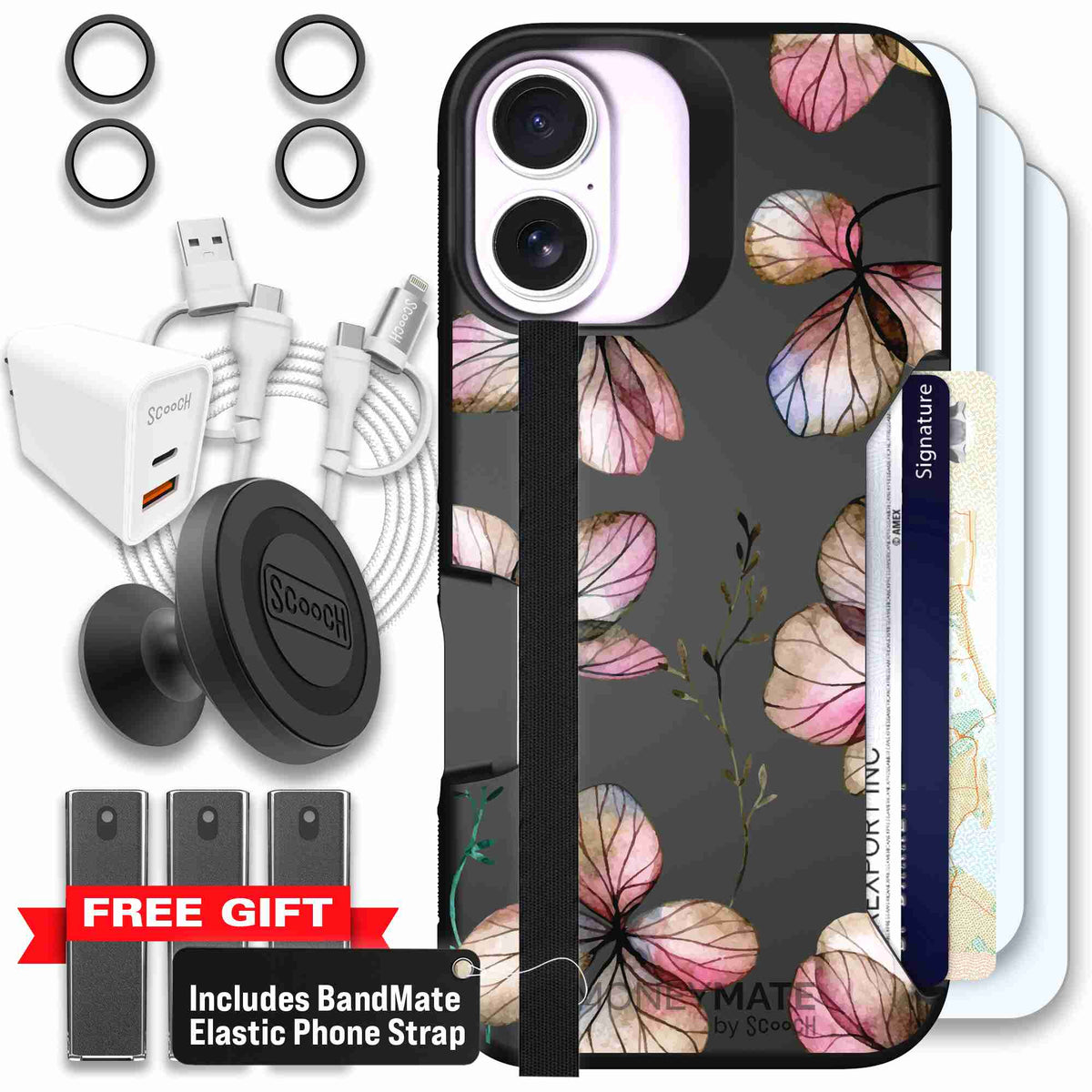 Dried Flowers blush mauve and cream floral pattern on a black Scooch Moneymate case for iPhone 17 - Ultimate Bundle