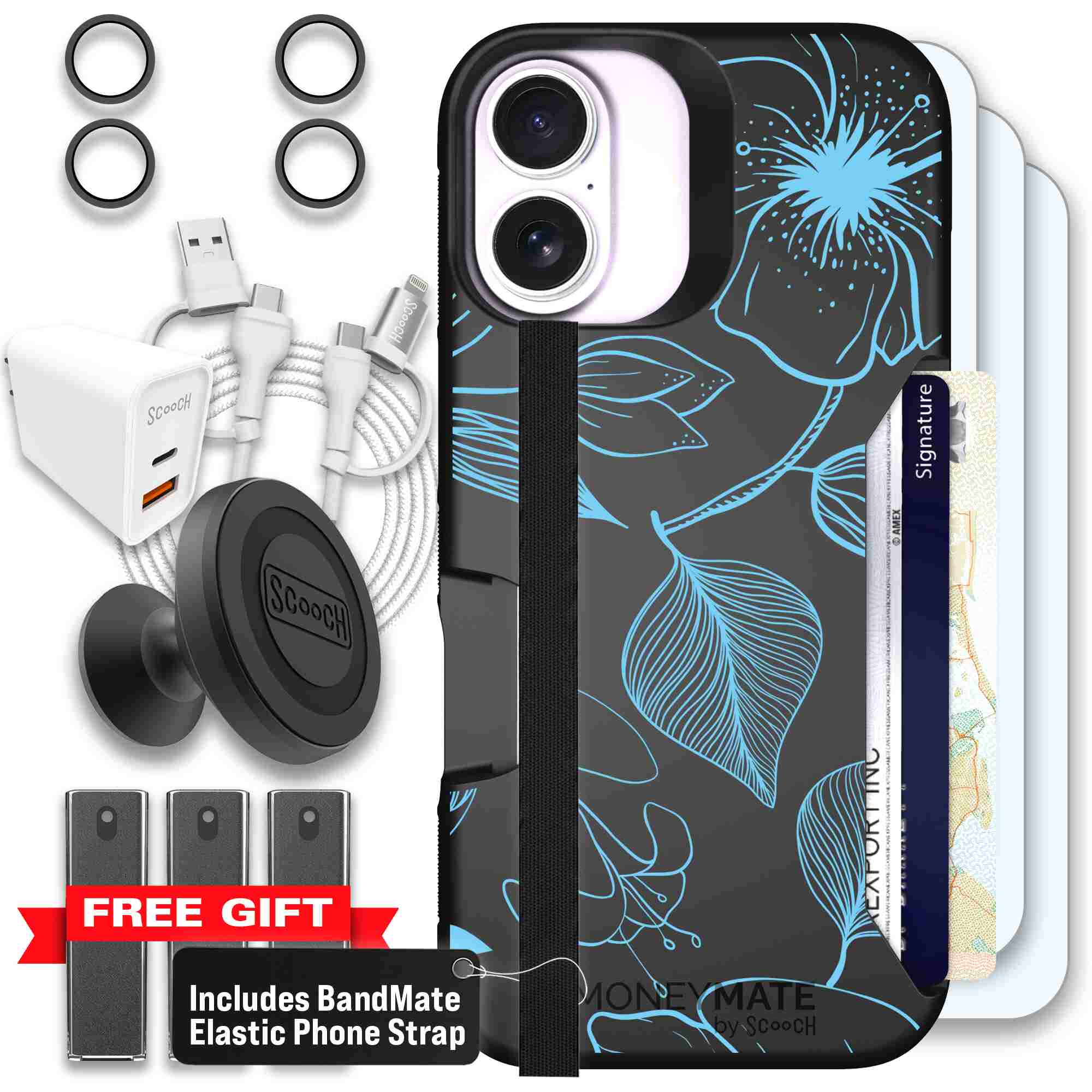 Blue Hibiscus cyan-blue tropical flower pattern on a charcoal Scooch Moneymate case for iPhone 17 - Ultimate Bundle
