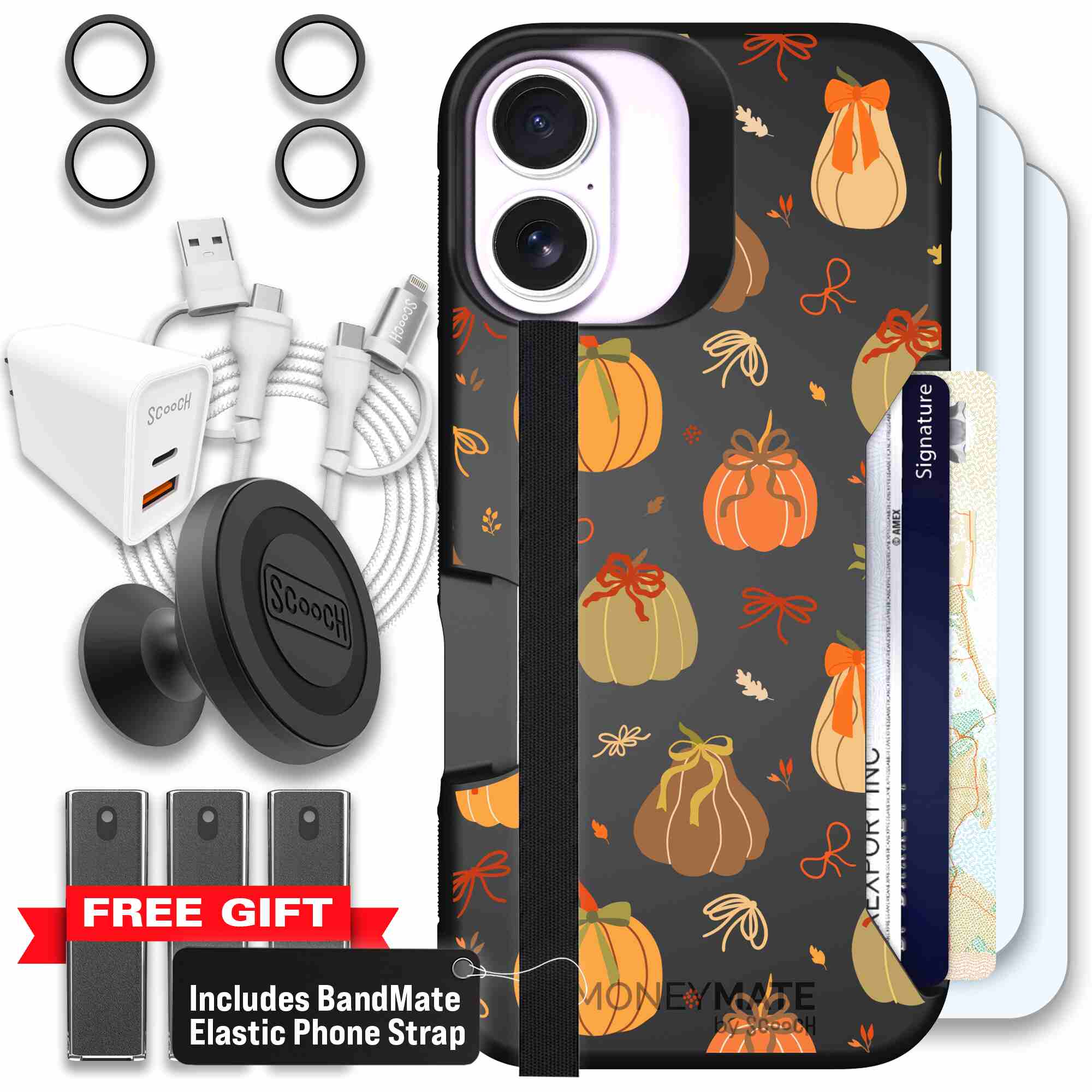 Pretty Pumpkins orange pumpkin and bow pattern on a Scooch Moneymate case for iPhone 17 - Ultimate Bundle