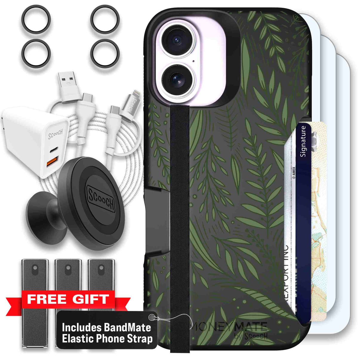 Willow Garden layered green leaves and branches on a charcoal Scooch Moneymate case for iPhone 17 - Ultimate Bundle