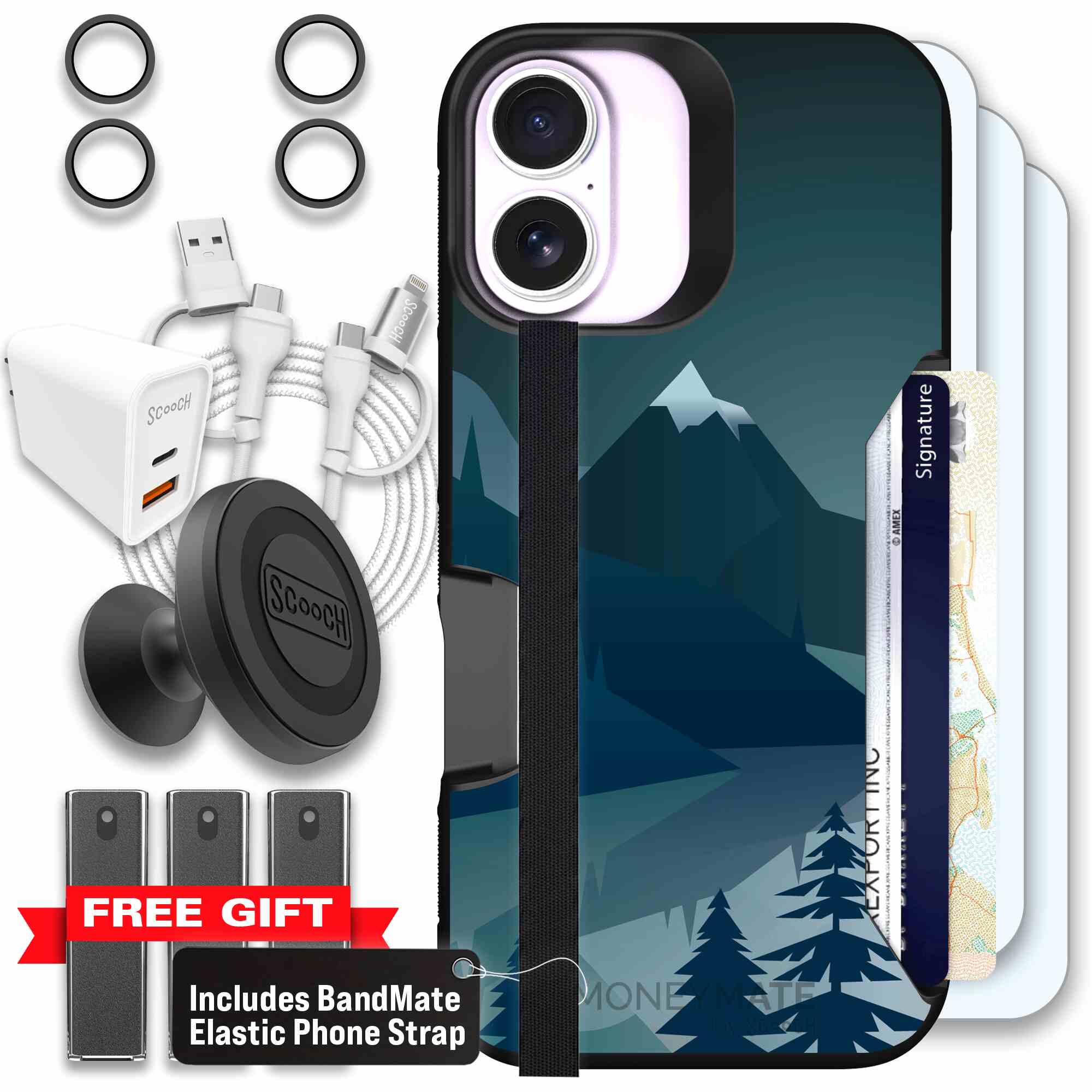 Midnight Ridge layered blue mountains and evergreen trees on a Scooch Moneymate case for iPhone 17 - Ultimate Bundle
