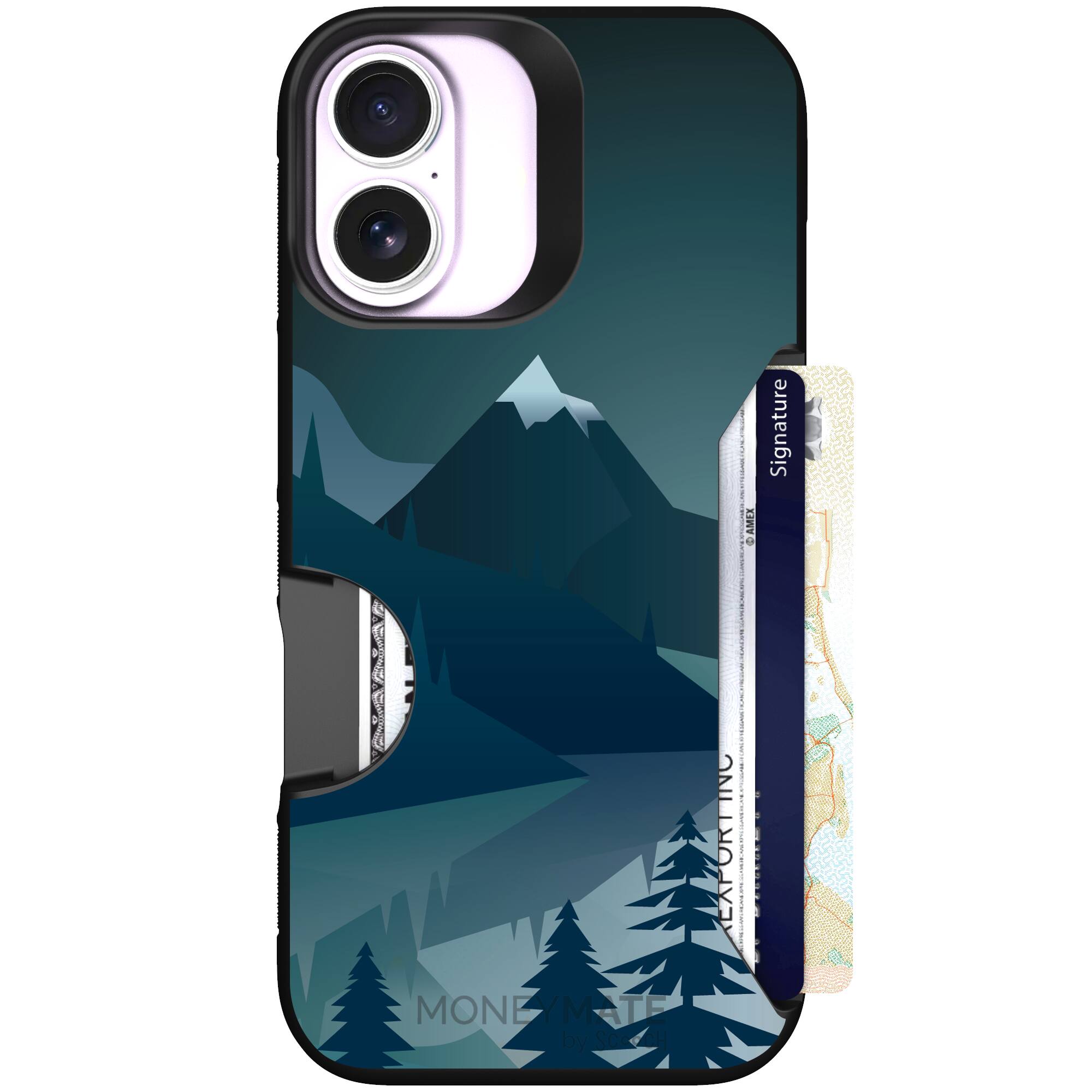 Midnight Ridge layered blue mountains and evergreen trees on a Scooch Moneymate case for iPhone 17