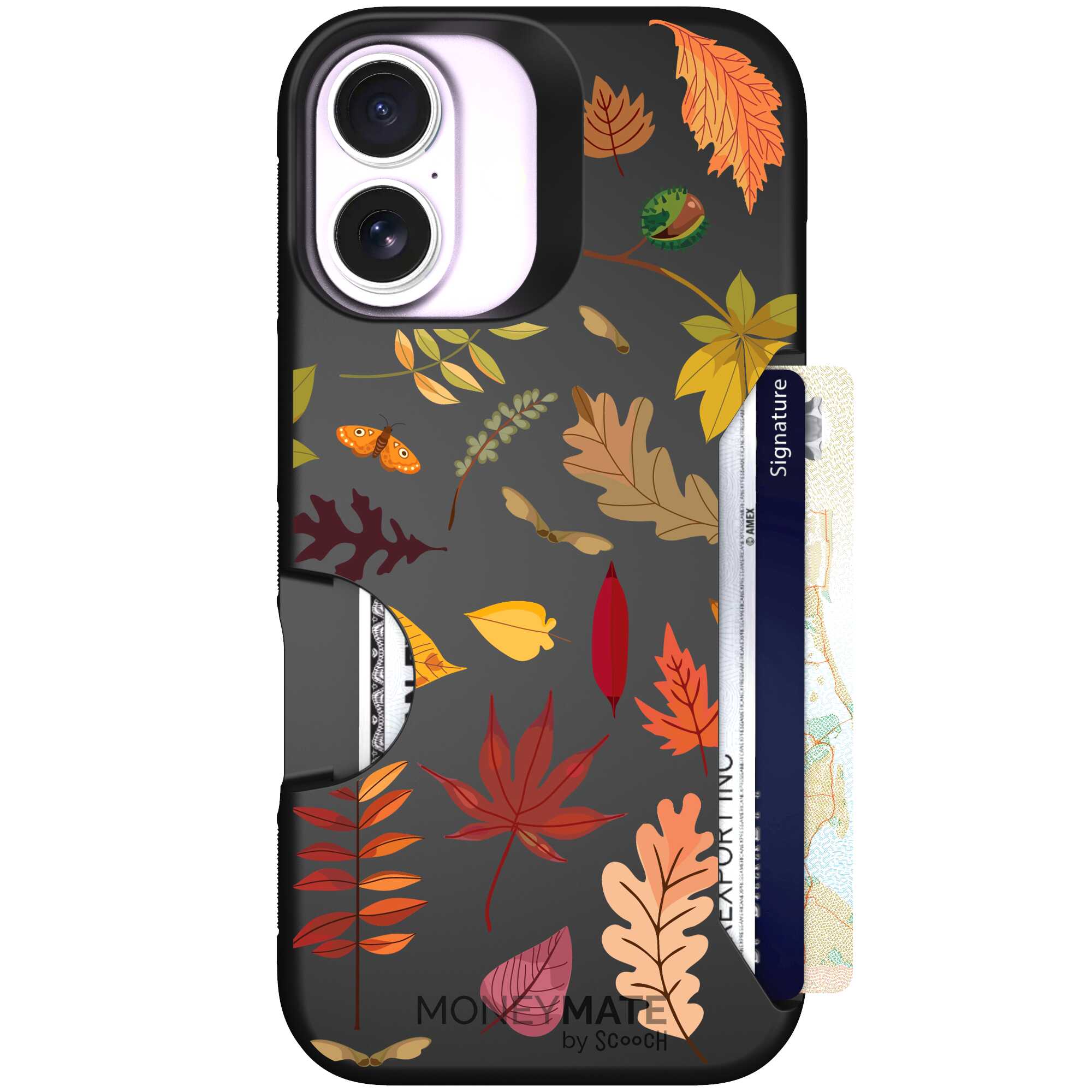 Autumn Leaves multicolored fall foliage pattern on a charcoal Scooch Moneymate case for iPhone 17