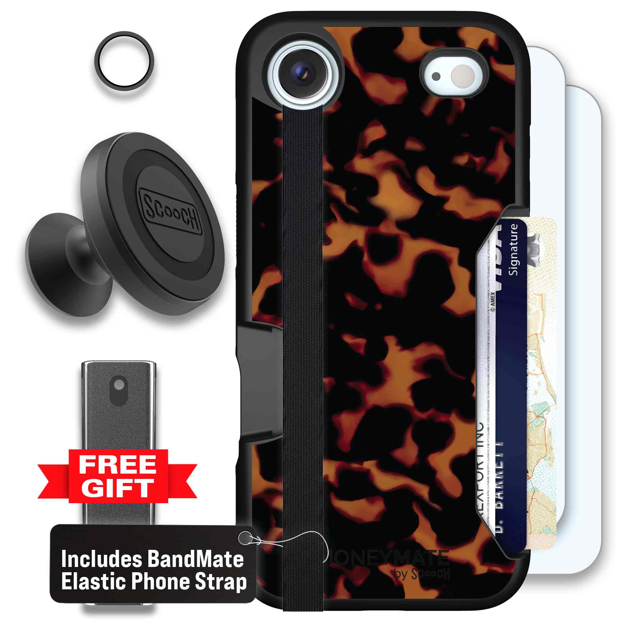Tortoise Shell amber brown and black mottled pattern on a Scooch Moneymate case for iPhone Air - Defender Bundle