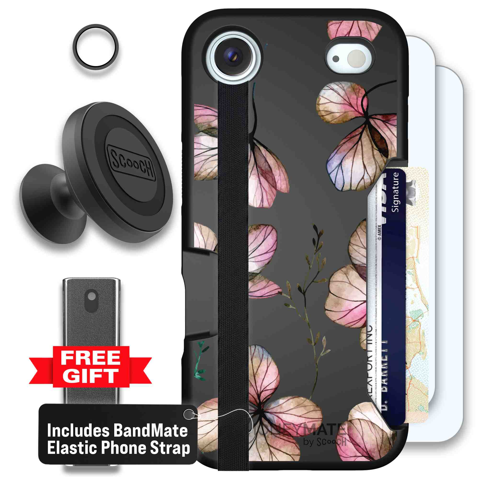 Dried Flowers blush mauve and cream floral pattern on a black Scooch Moneymate case for iPhone Air - Defender Bundle