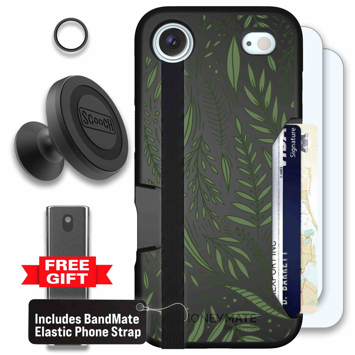 Willow Garden layered green leaves and branches on a charcoal Scooch Moneymate case for iPhone Air - Defender Bundle