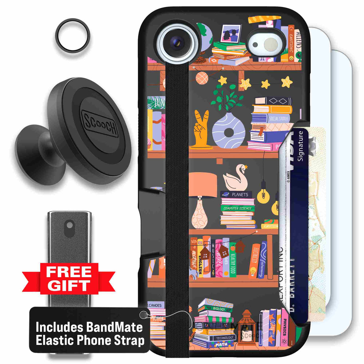 Little Library colorful book and bookshelf pattern on a Scooch Moneymate case for iPhone Air - Defender Bundle