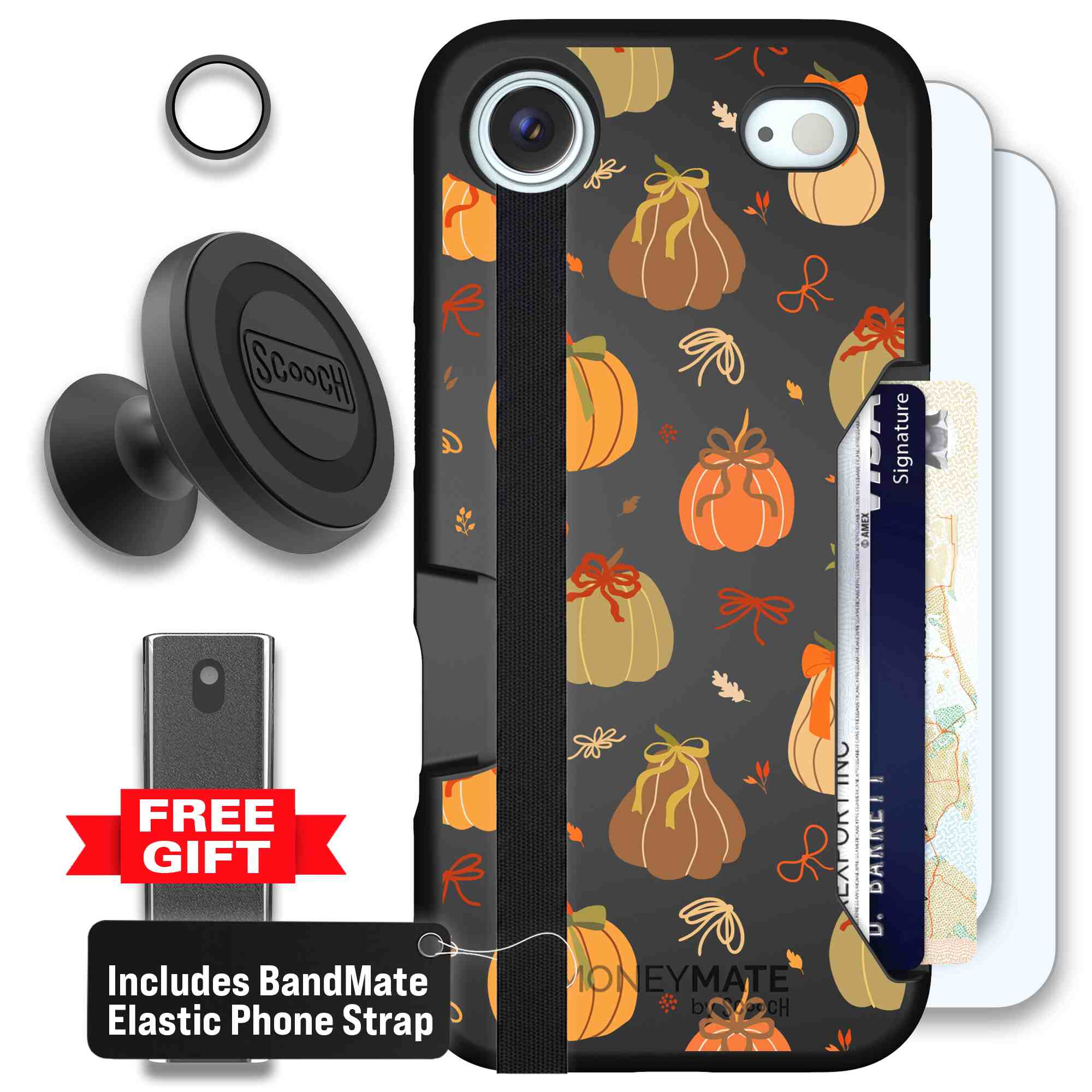 Pretty Pumpkins orange pumpkin and bow pattern on a Scooch Moneymate case for iPhone Air - Defender Bundle
